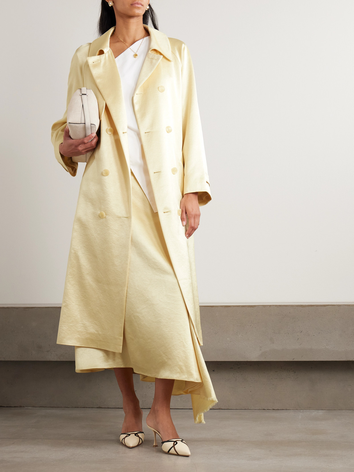 Double-Breasted Satin-Twill Trench Coat