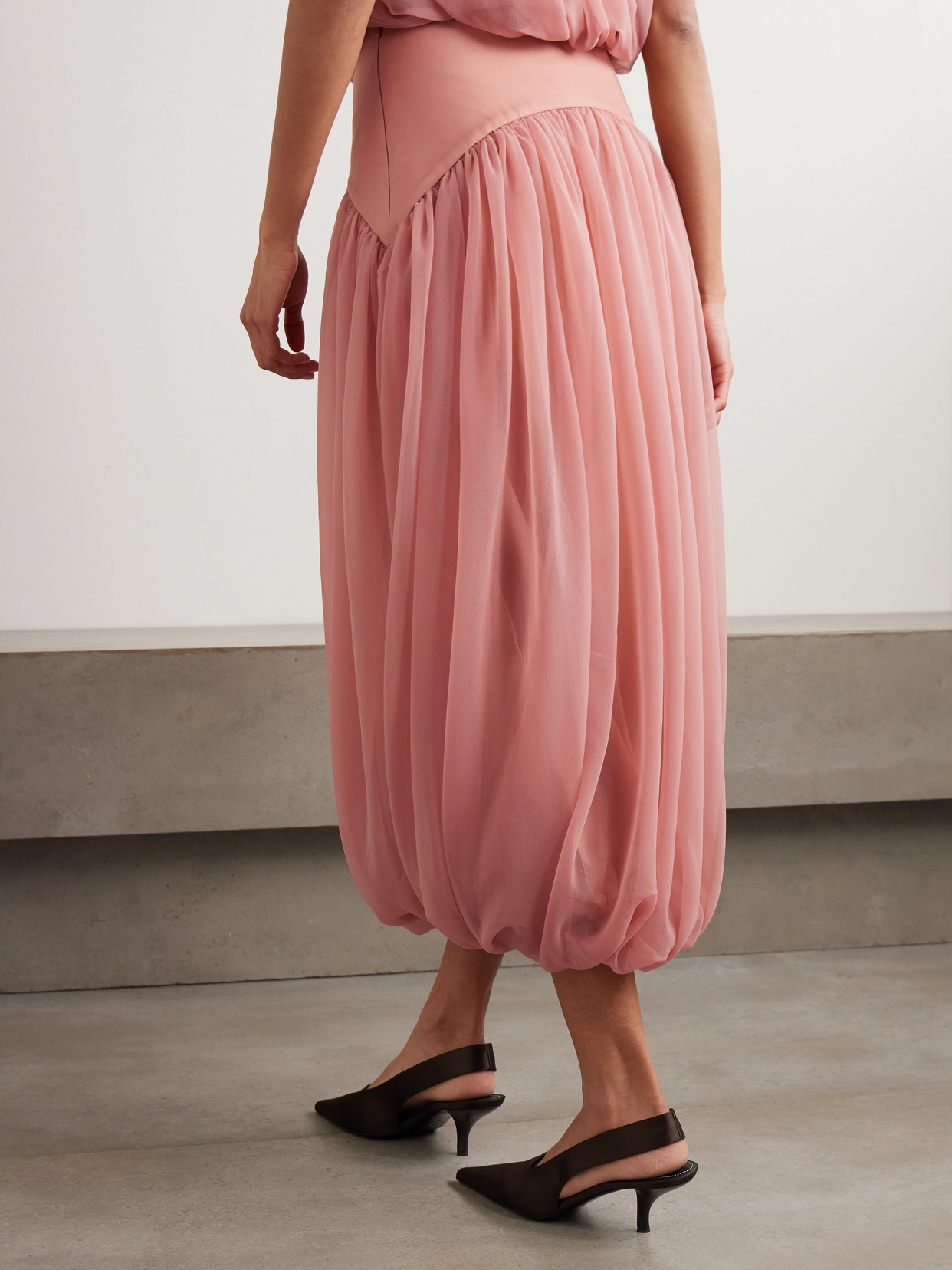 Paneled Gathered Twill And Chiffon Maxi