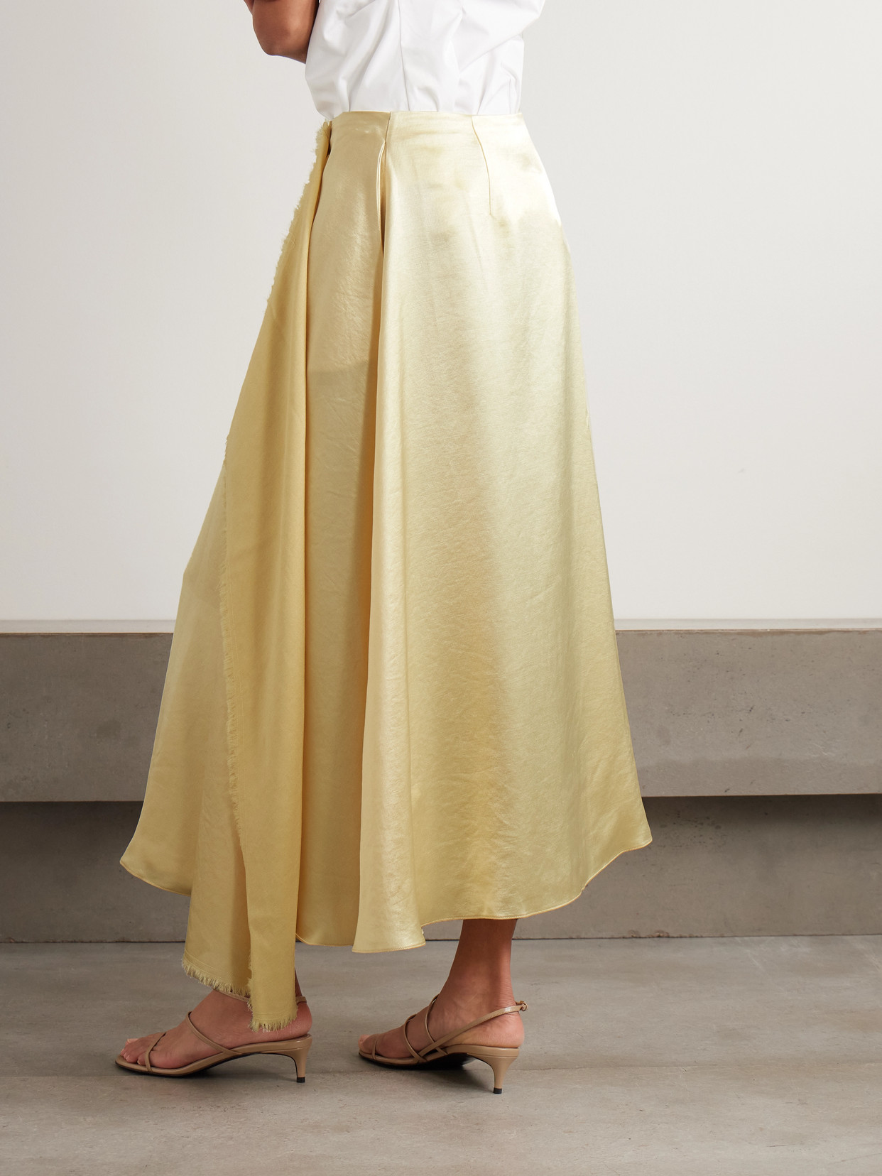 Abadia Verlap Draped Frayed Dupioni Wrap Maxi Skirt In Nude