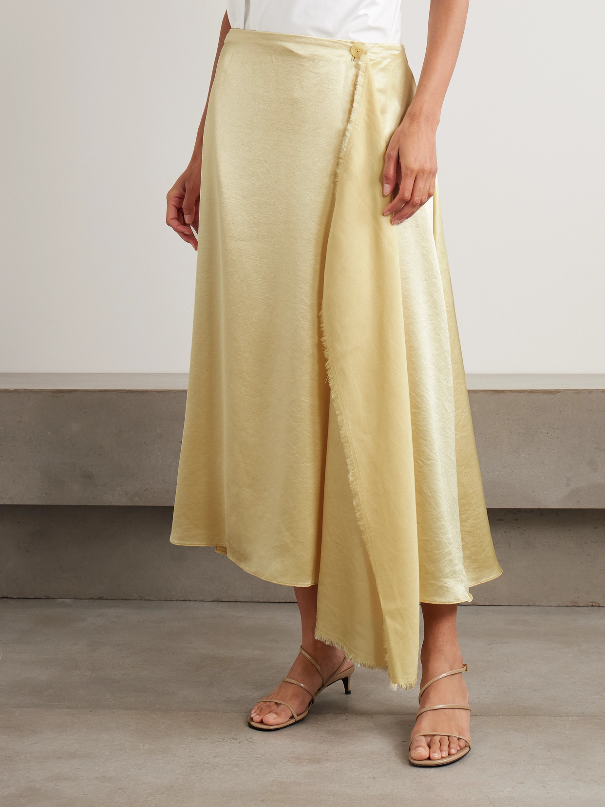 Abadia Verlap Draped Frayed Dupioni Wrap Maxi Skirt In Nude