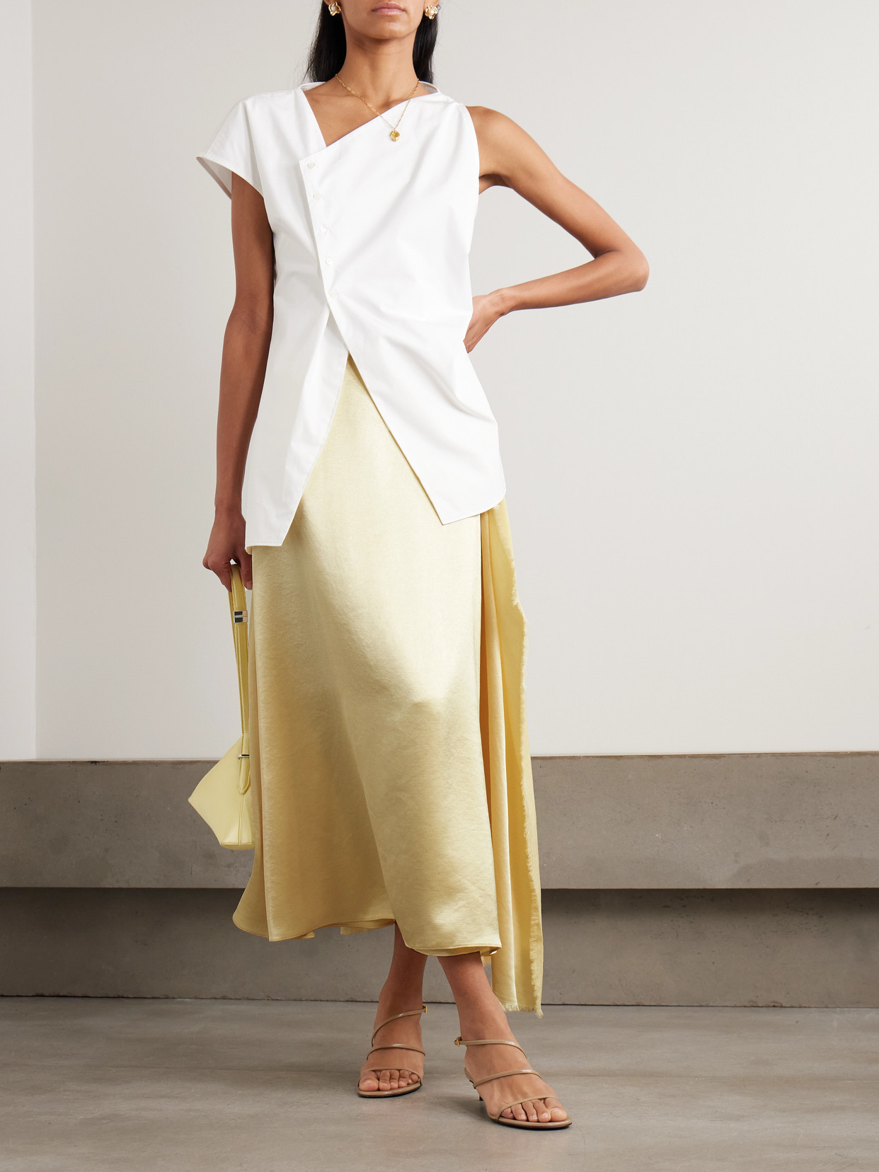 Abadia Verlap Draped Frayed Dupioni Wrap Maxi Skirt In Nude
