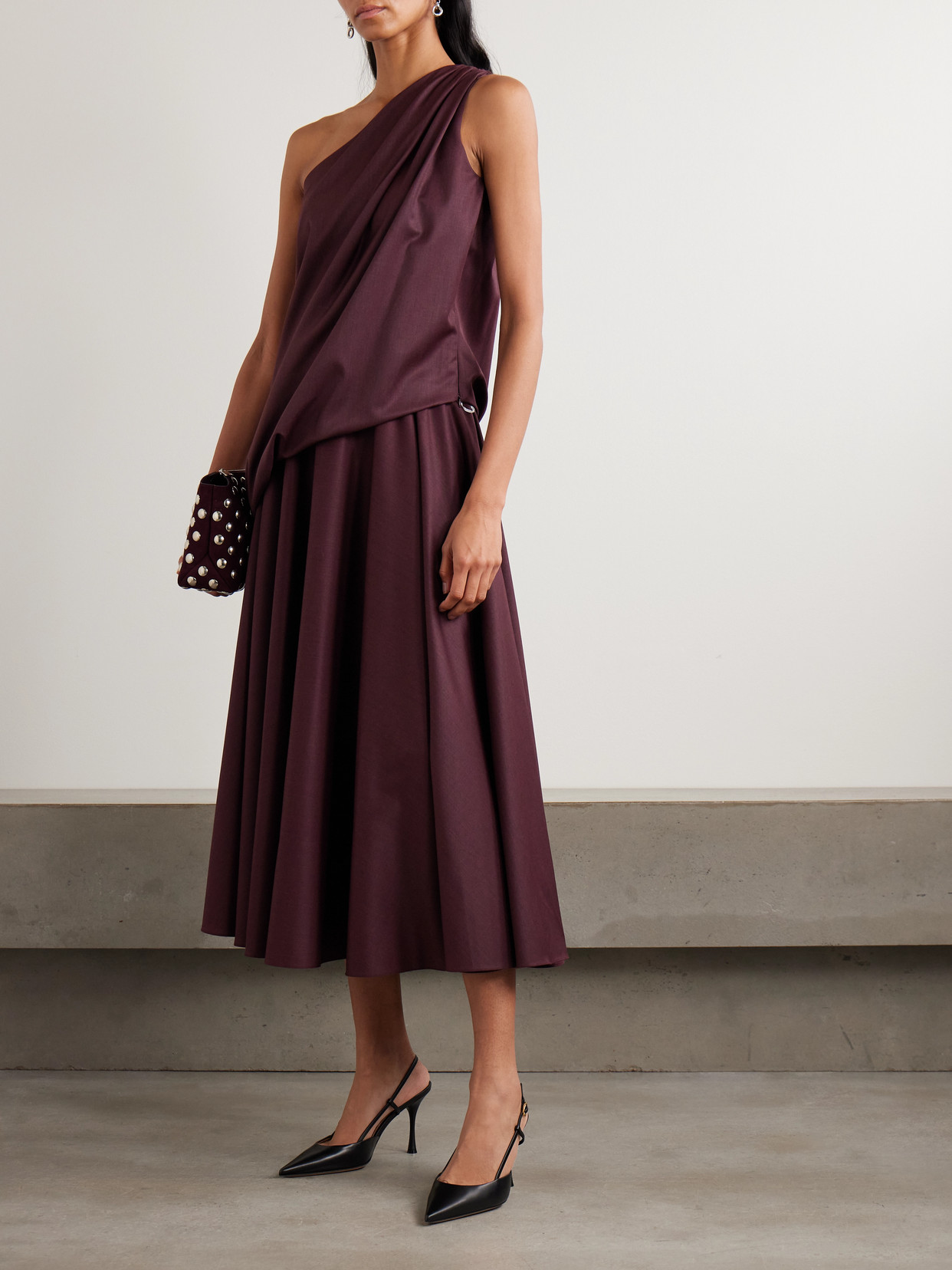 Abadia Ayla One-shoulder Draped Wool-blend Twill Top In Purple