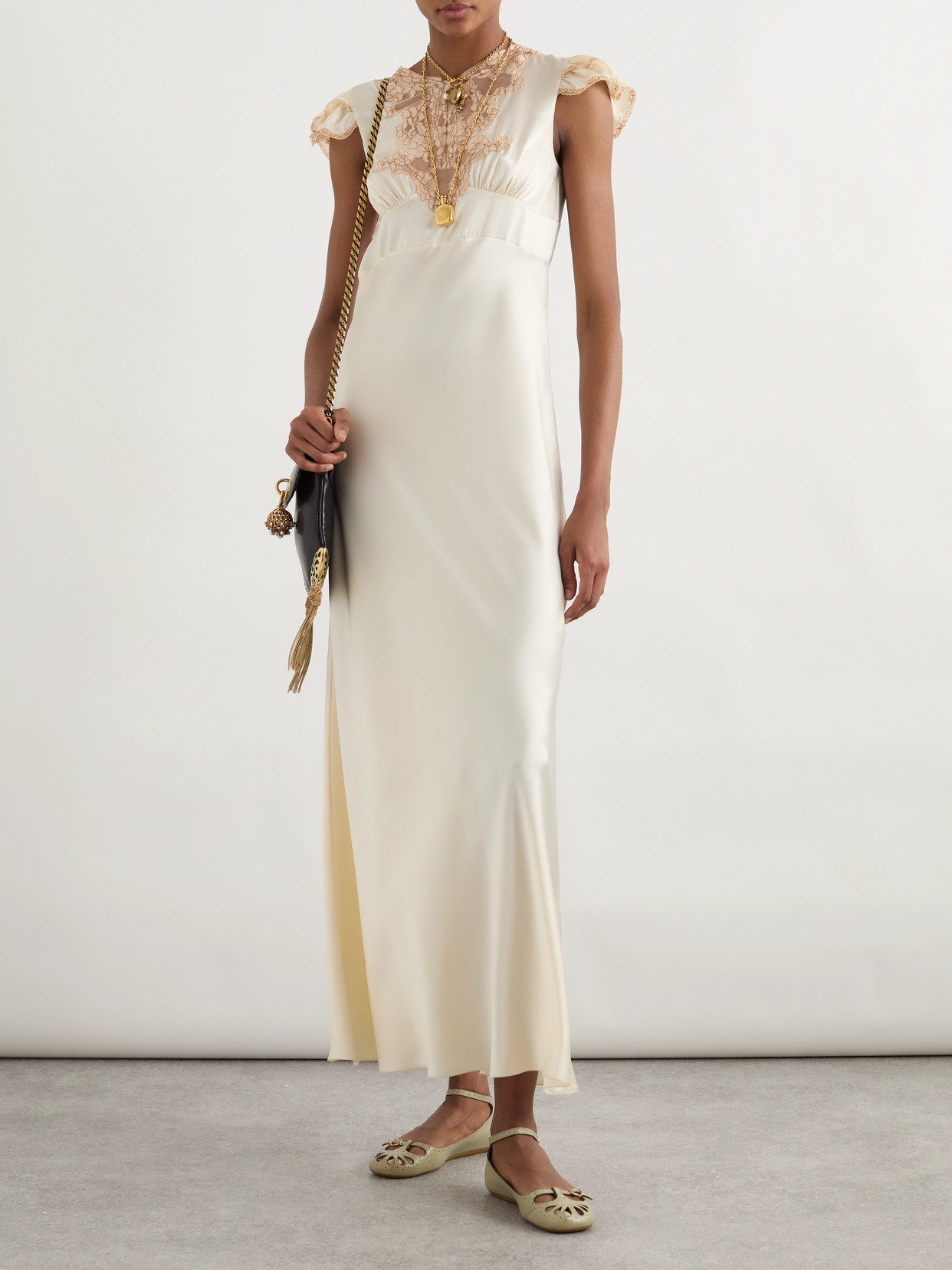 Chloé Corded Lace-trimmed Silk-satin Midi Dress In Neutral