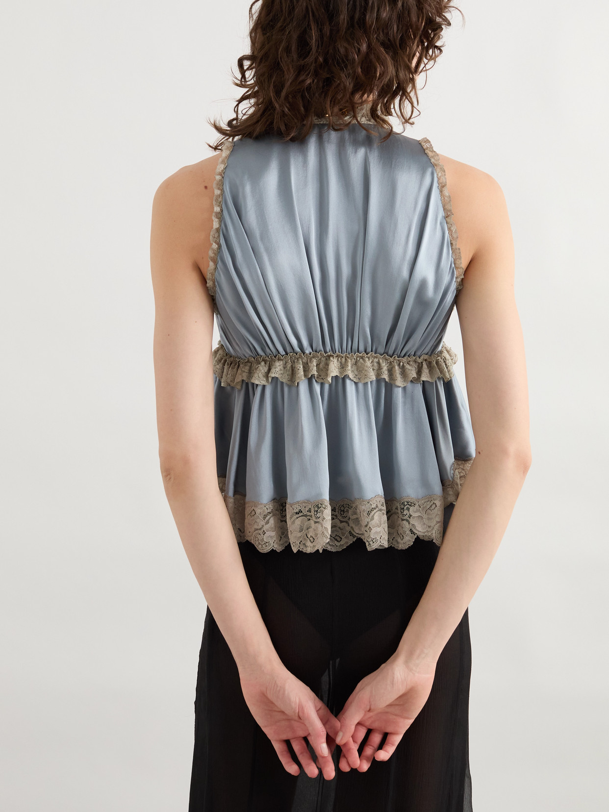 Chloé Lace-trimmed Silk-satin Peplum Blouse In Blue