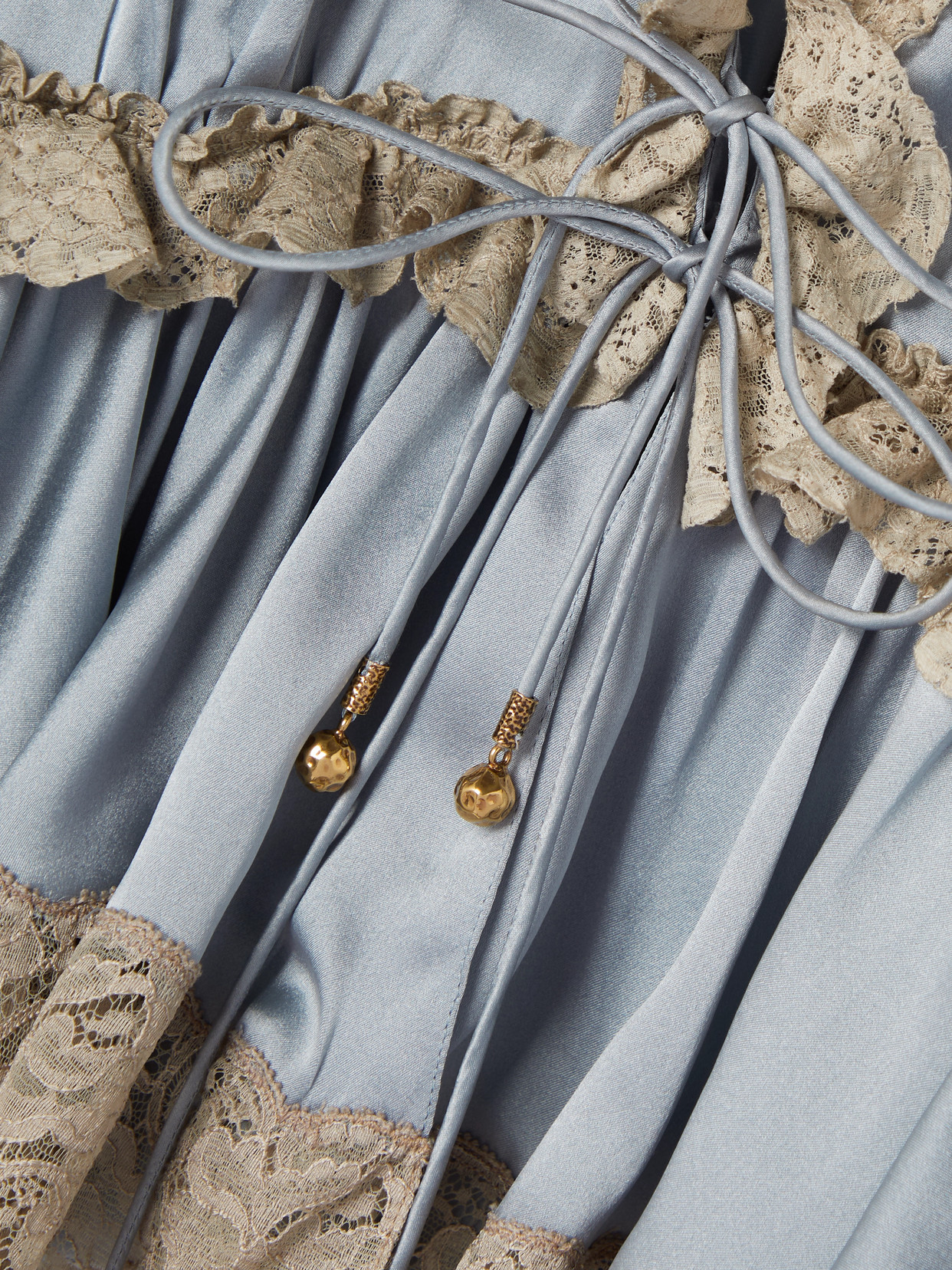 Chloé Lace-trimmed Silk-satin Peplum Blouse In Blue