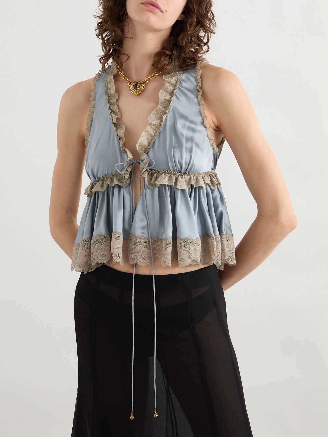 Chloé Lace-trimmed Silk-satin Peplum Blouse In Blue