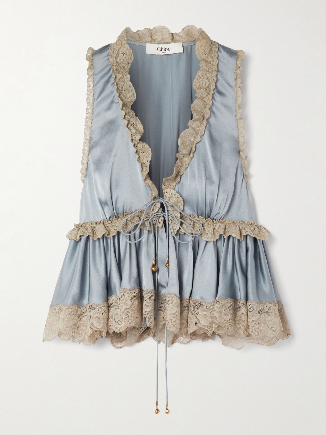 Chloé Lace-trimmed Silk-satin Peplum Blouse In Blue