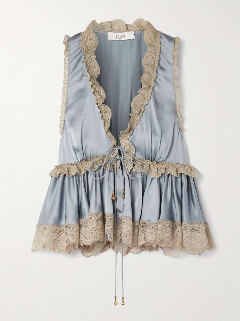 Chloé Lace-trimmed Silk-satin Peplum Blouse