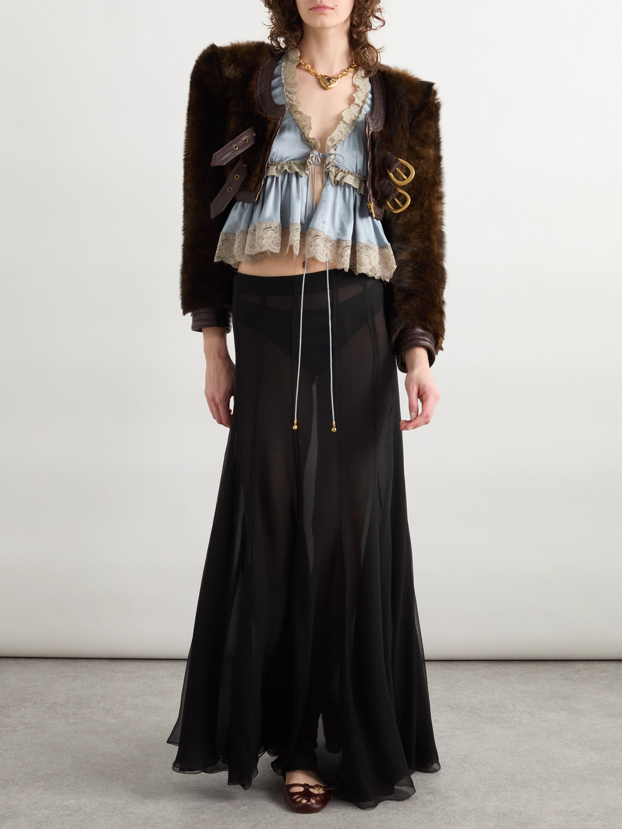 Chloé Lace-trimmed Silk-satin Peplum Blouse In Blue