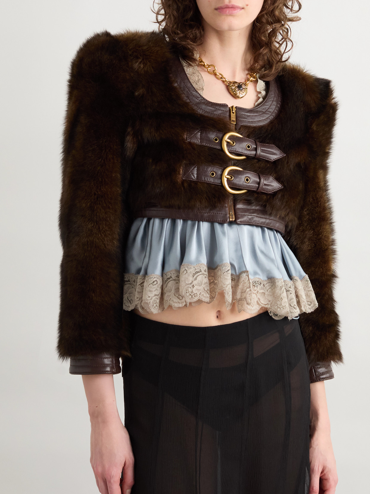Chloé Cropped Leather-trimmed Shearling Jacket In Brown