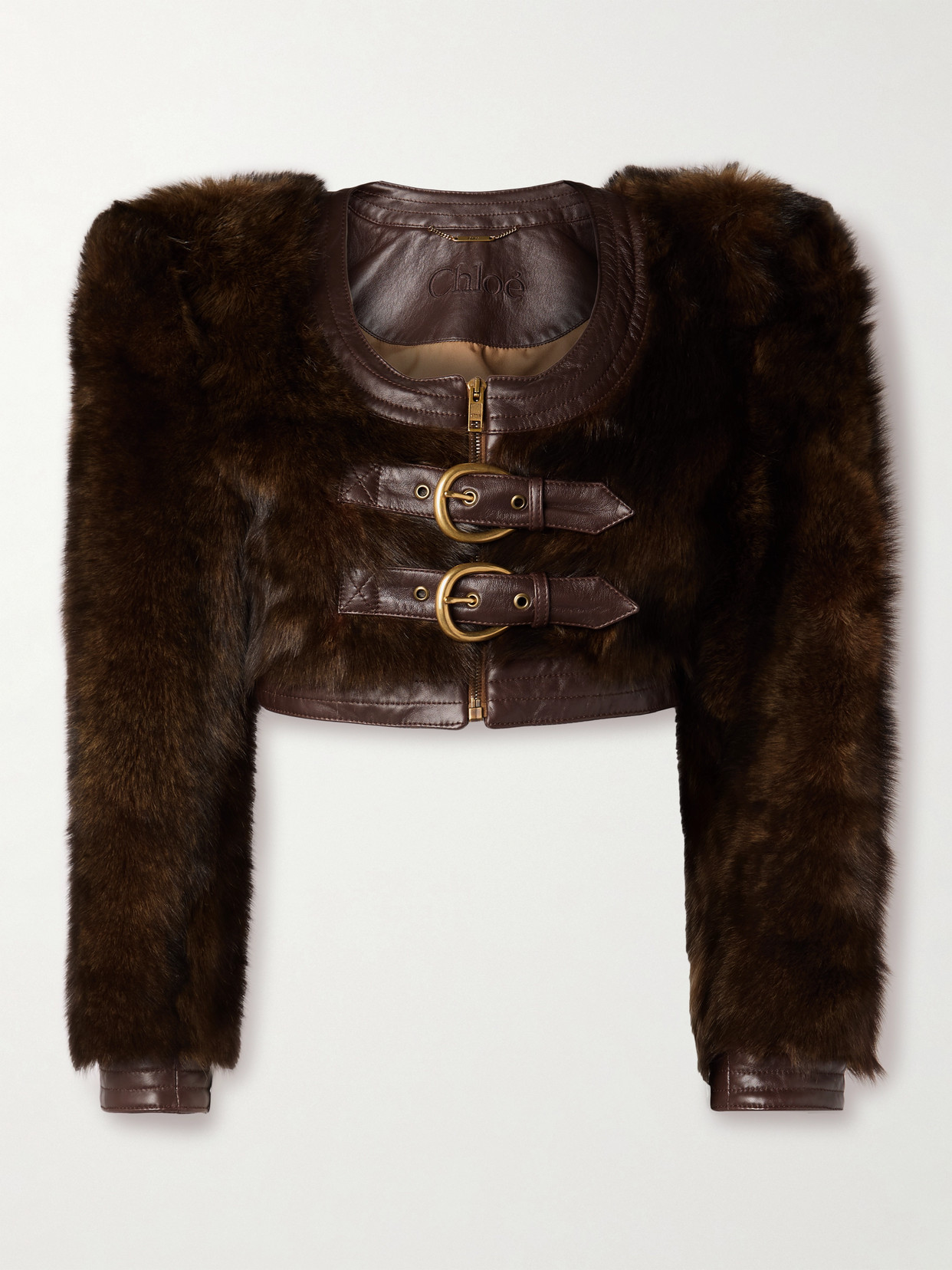 Chloé Cropped Leather-trimmed Shearling Jacket In Brown