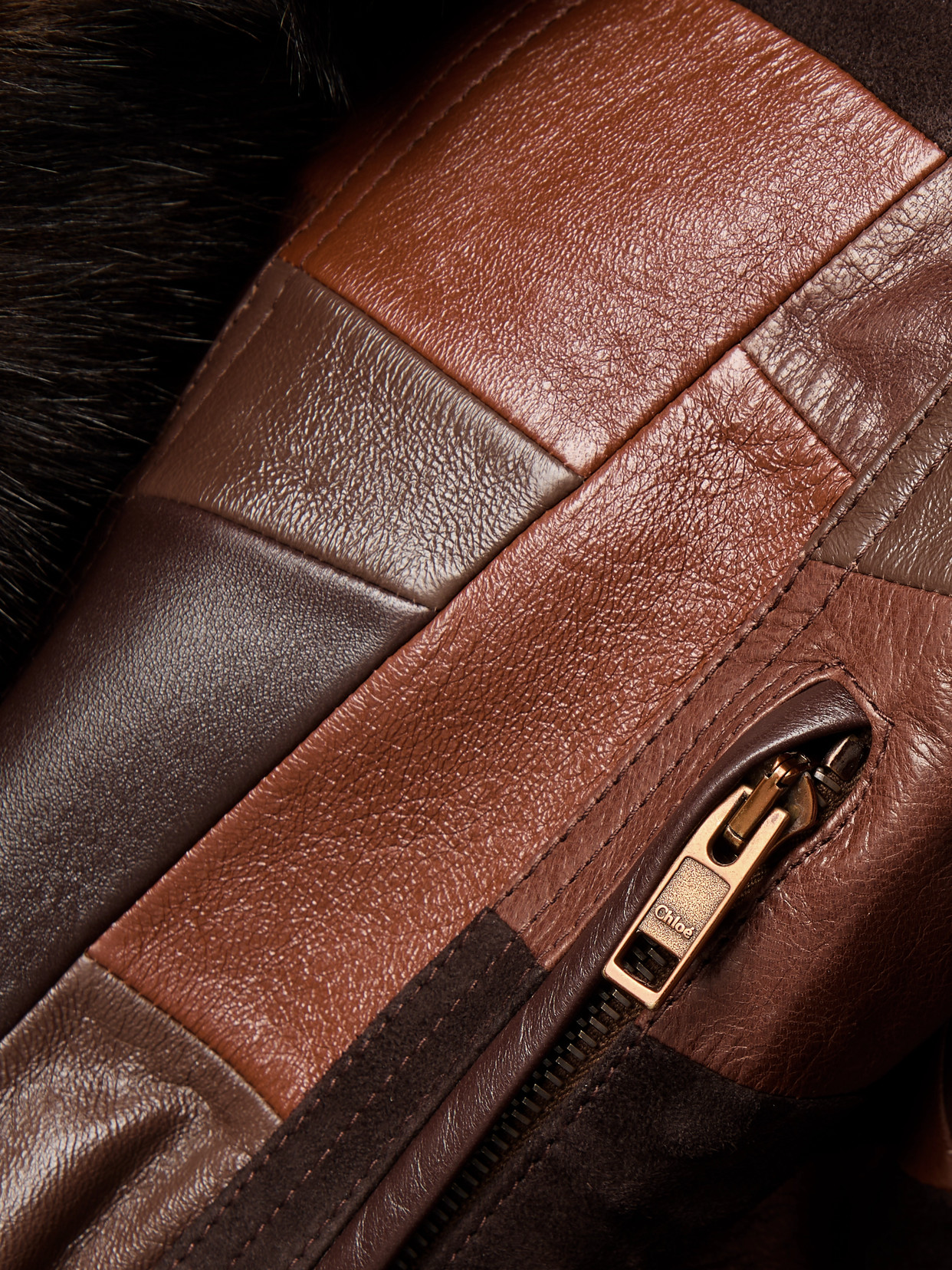 Chloé Patchwork Leather And Shearling Jacket In Brown