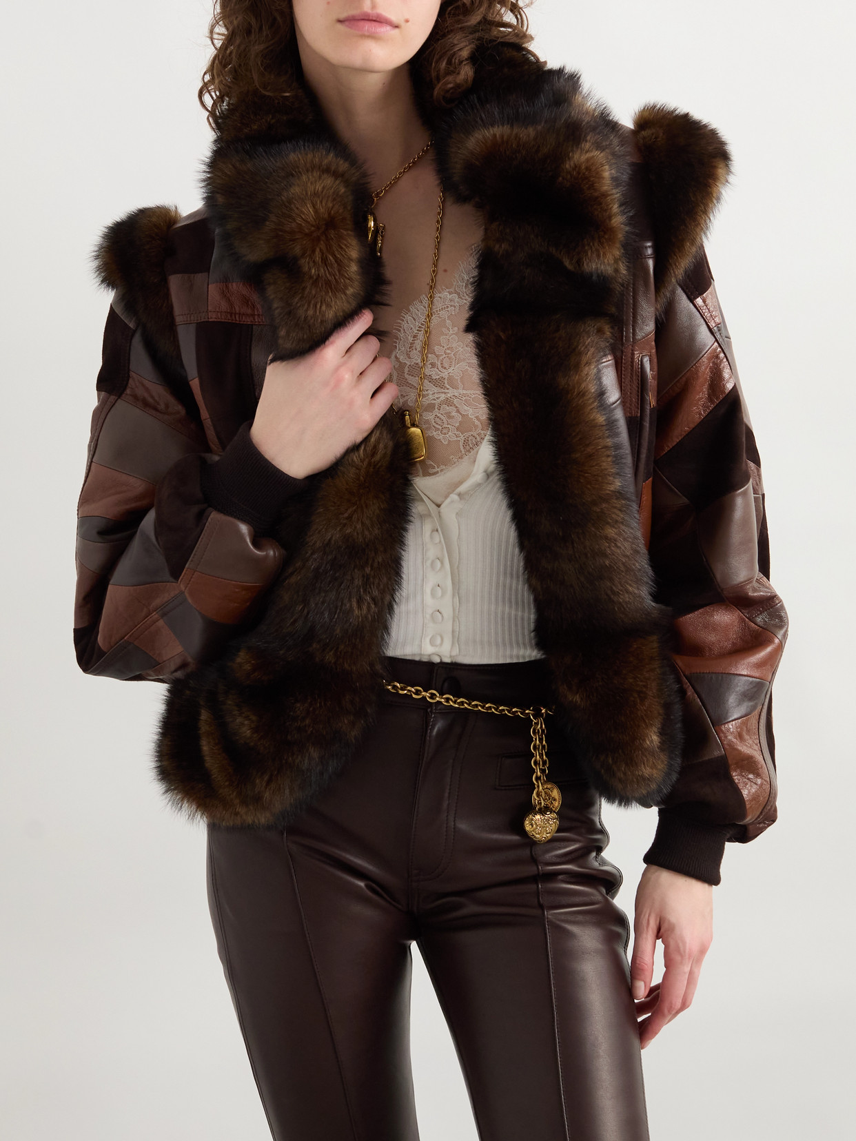 Chloé Patchwork Leather And Shearling Jacket In Brown