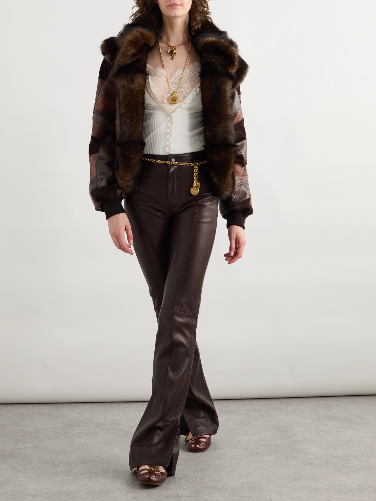 Chloé Patchwork Leather And Shearling Jacket In Brown