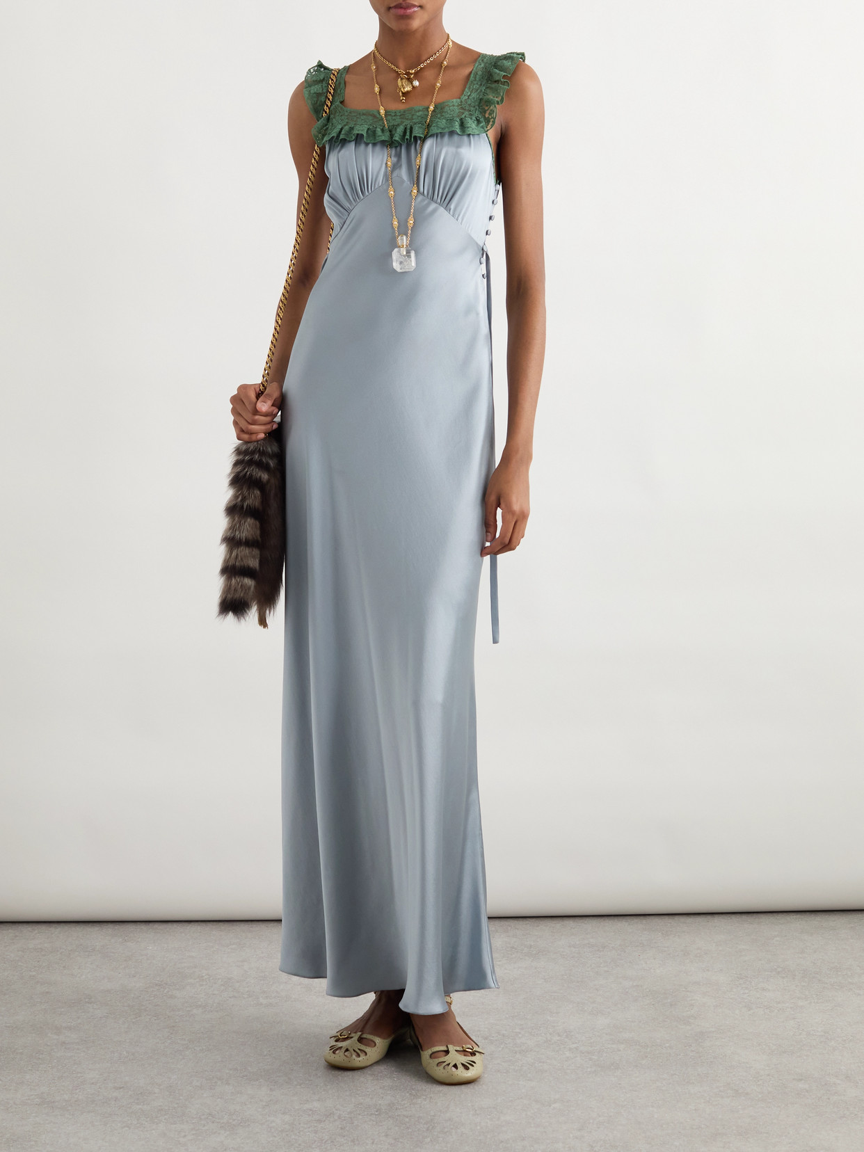 Chloé Lace-trimmed Silk-satin Gown In Blue