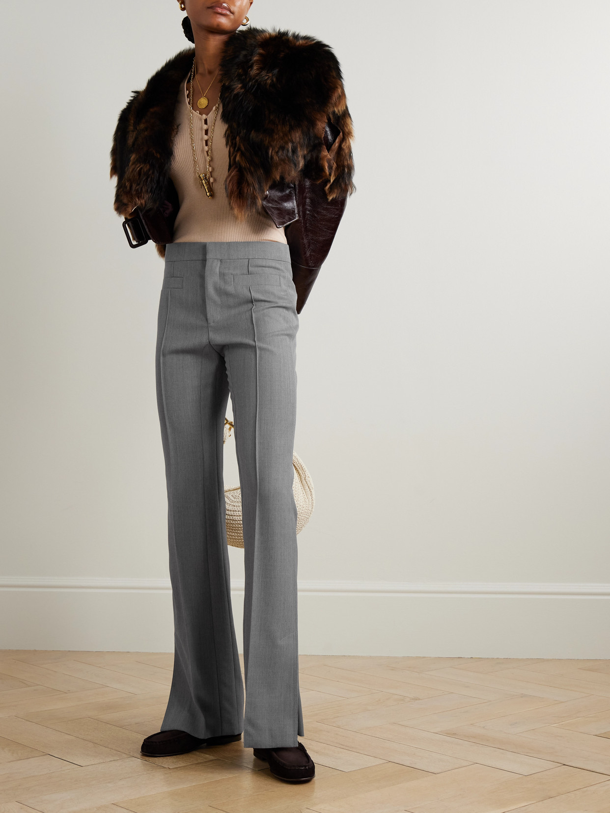 Chloé Wool Flared Slim-fit Pants In Gray