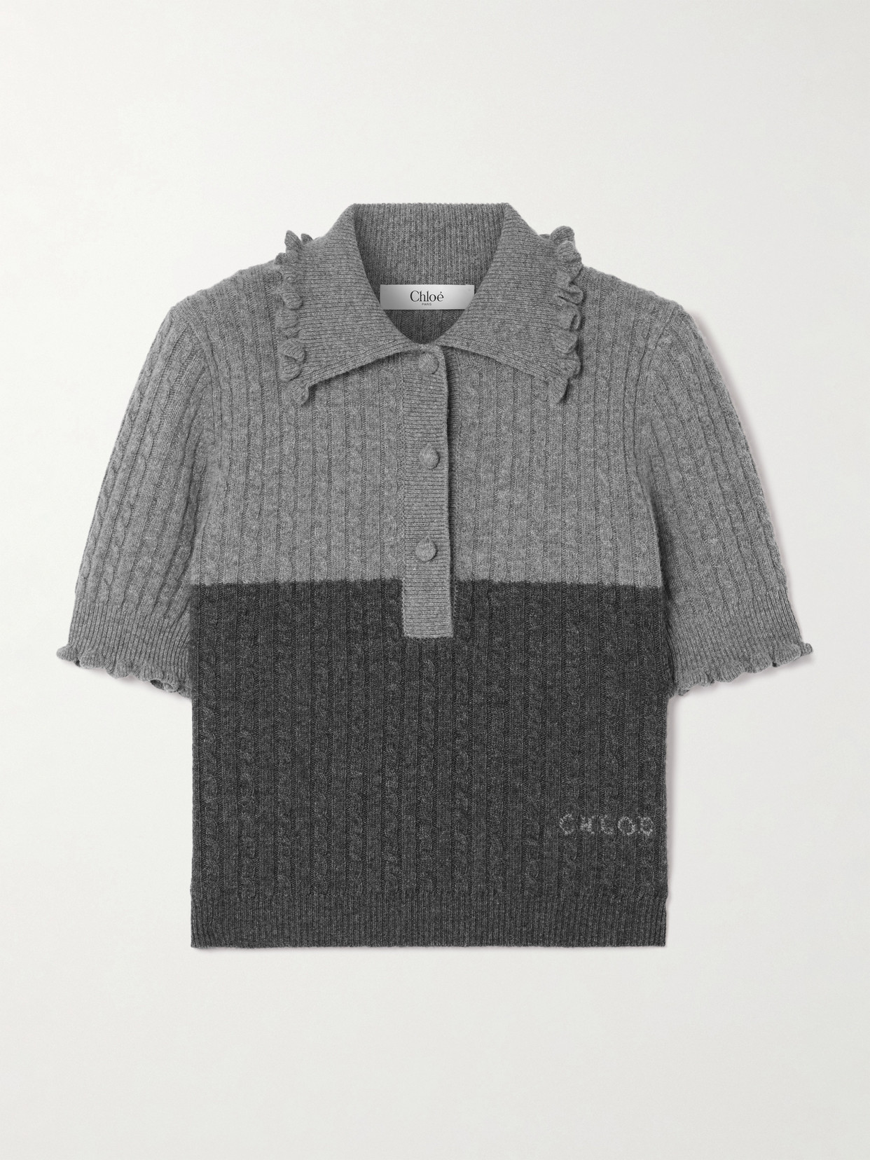 Chloé Two-tone Cable-knit Wool And Cashmere-blend Polo Shirt In Gray