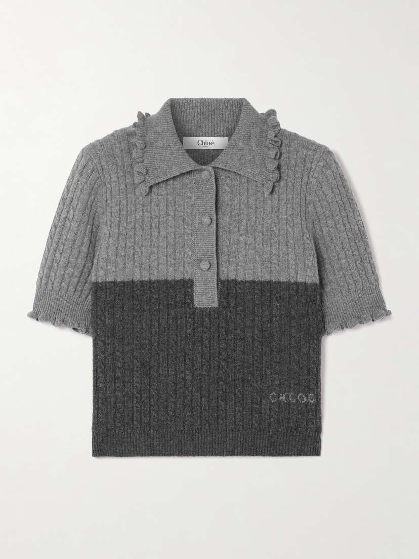 Chloé Two-tone Cable-knit Wool And Cashmere-blend Polo Shirt