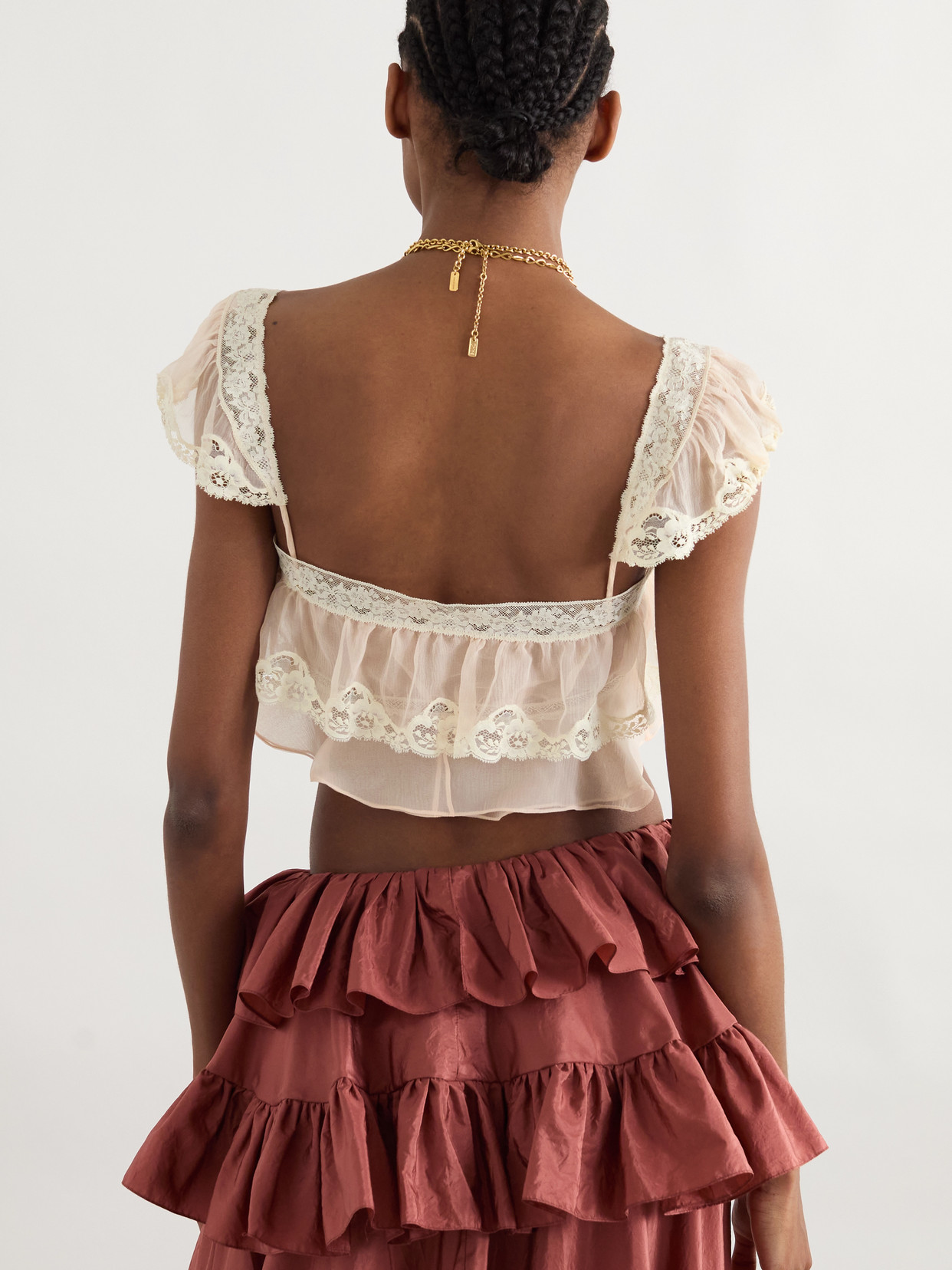 Chloé Cropped Lace-trimmed Organic Silk-mousseline Top In Pink