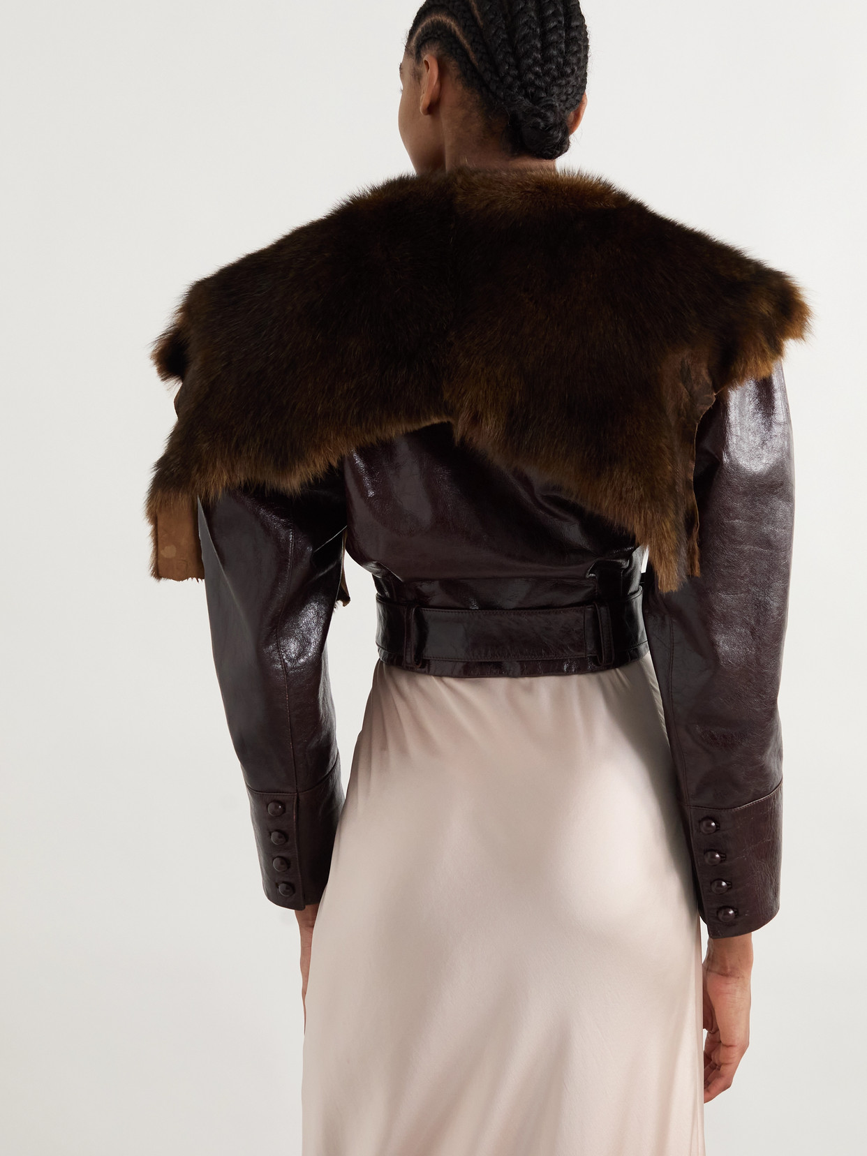 Chloé Shiny Leather Crop Moto Jacket With Removable Lamb Shearling Collar In Brown