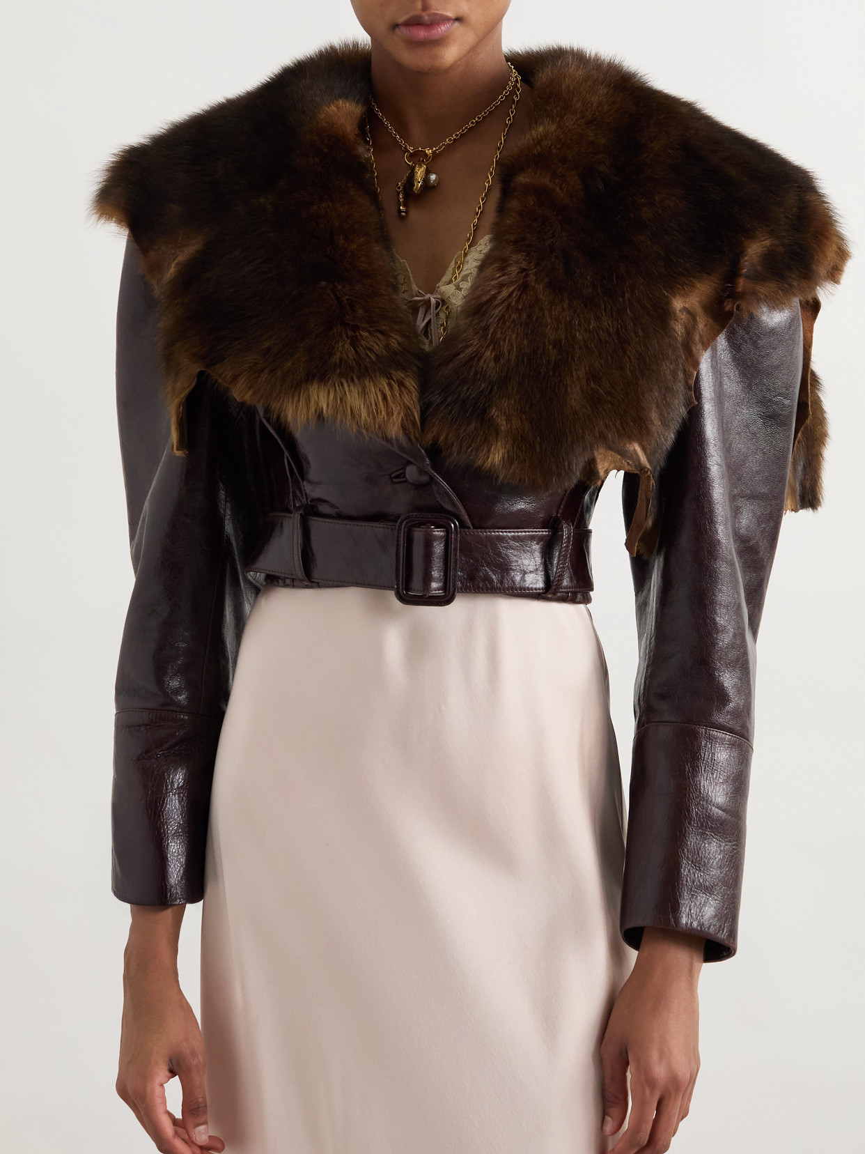 Chloé Shiny Leather Crop Moto Jacket With Removable Lamb Shearling Collar In Brown