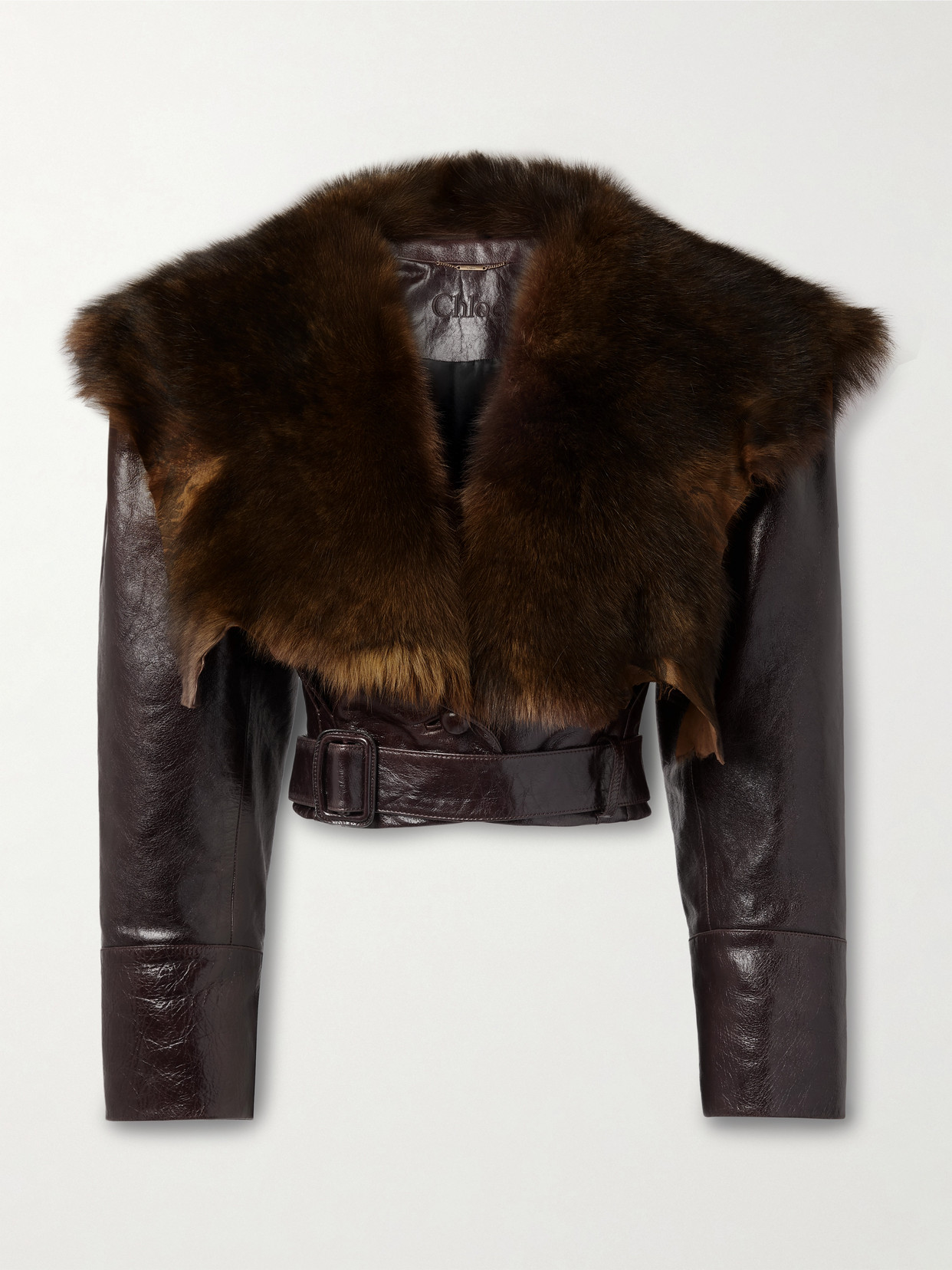Chloé Shiny Leather Crop Moto Jacket With Removable Lamb Shearling Collar In Brown