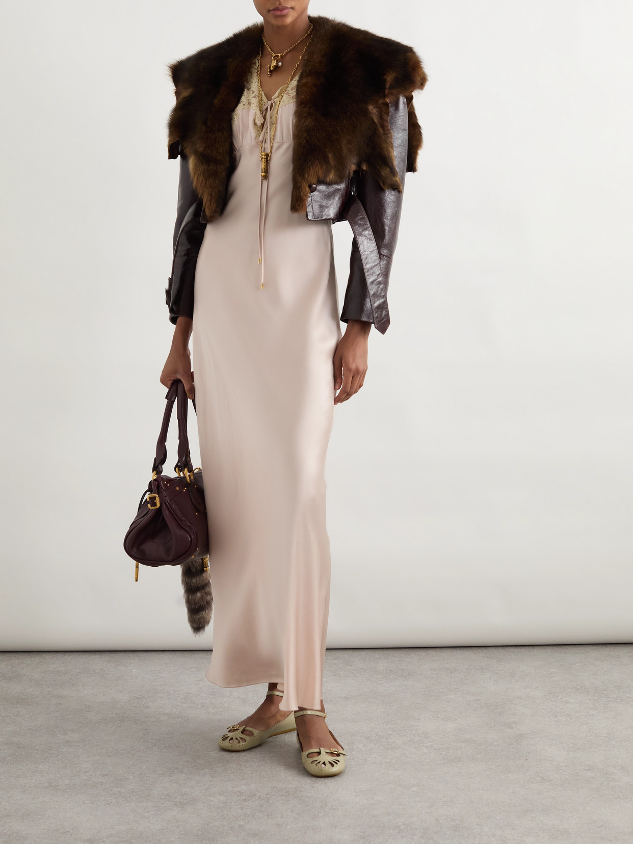 Chloé Shiny Leather Crop Moto Jacket With Removable Lamb Shearling Collar In Brown