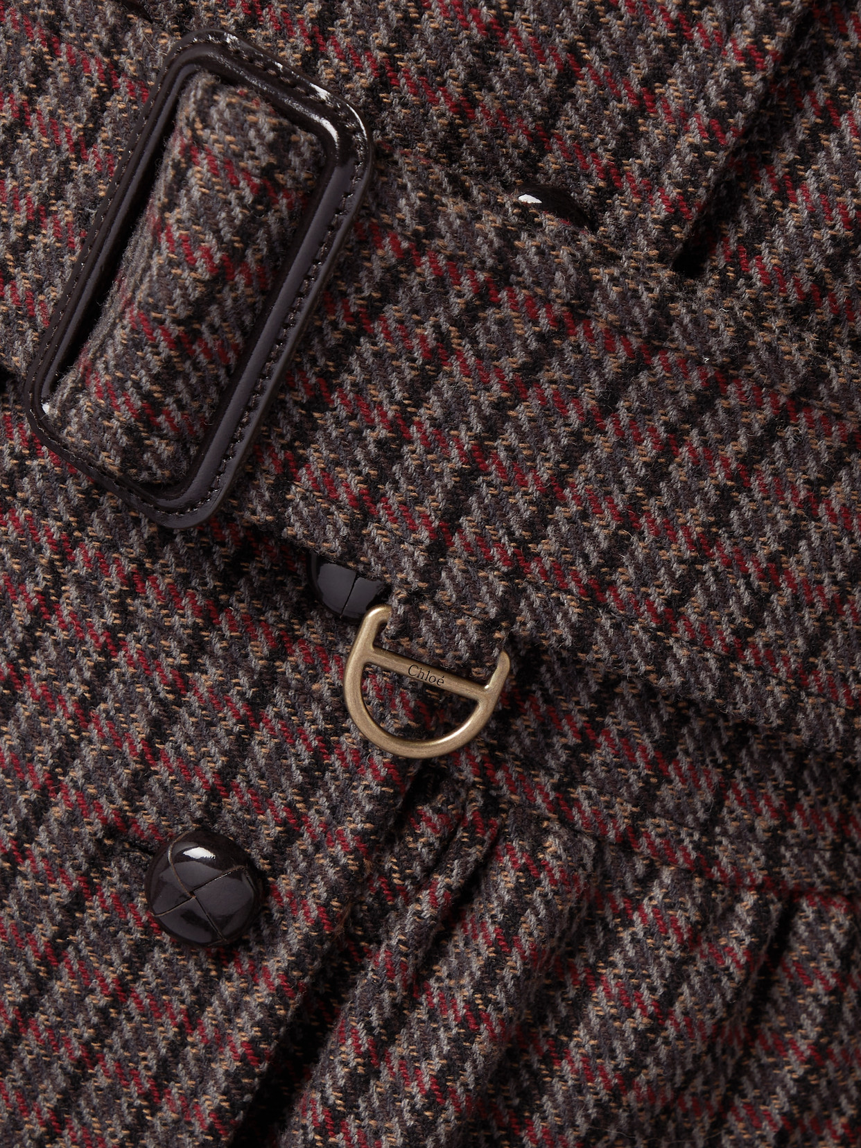Chloé Chloe Houndstooth Double-breasted Belted Wool Coat In Brown