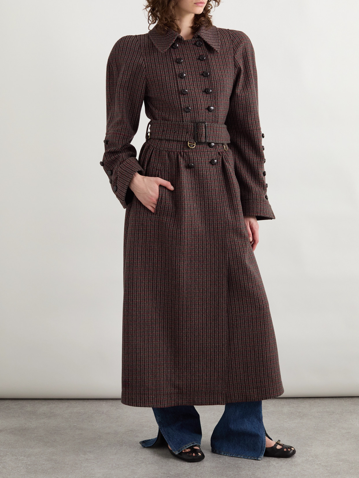 Chloé Chloe Houndstooth Double-breasted Belted Wool Coat In Brown