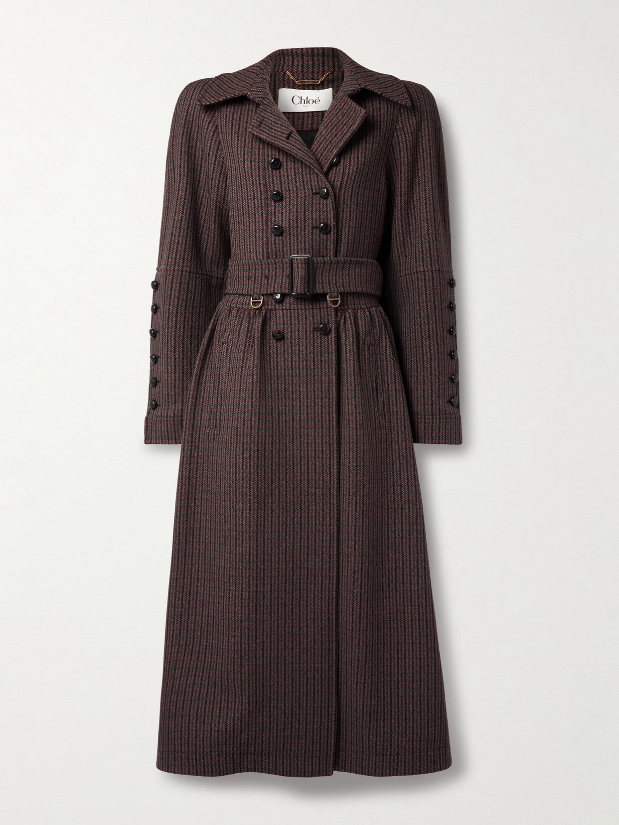 Chloé Chloe Houndstooth Double-breasted Belted Wool Coat In Brown