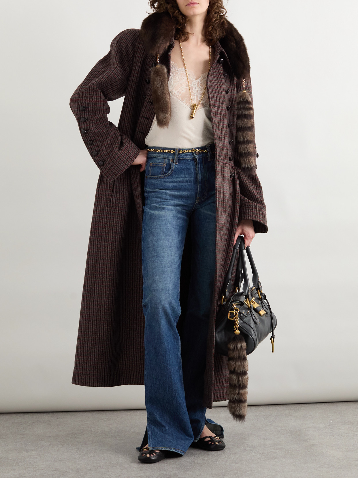 Chloé Chloe Houndstooth Double-breasted Belted Wool Coat In Brown