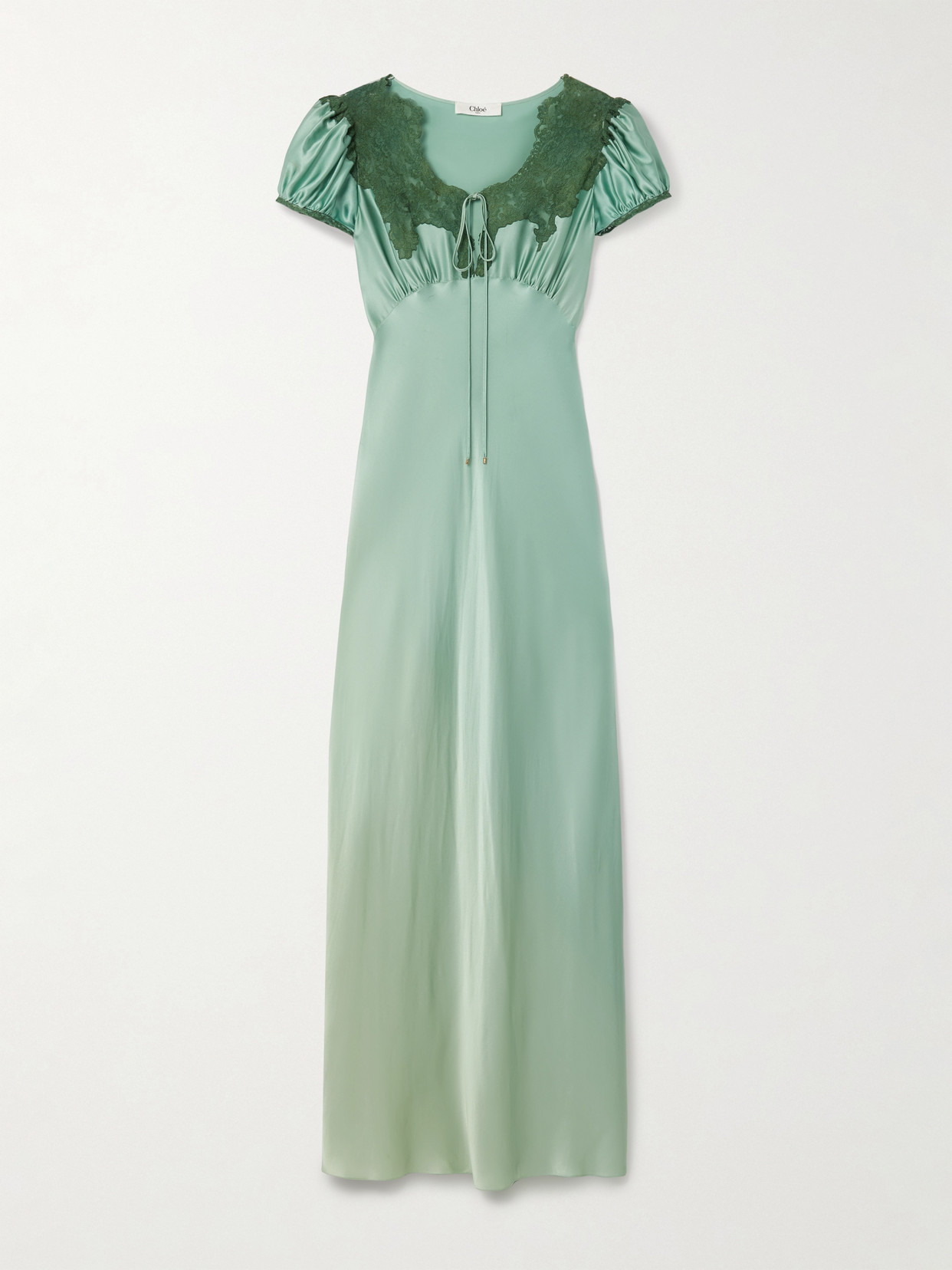 Chloé Lace-trimmed Silk-satin Gown In Green
