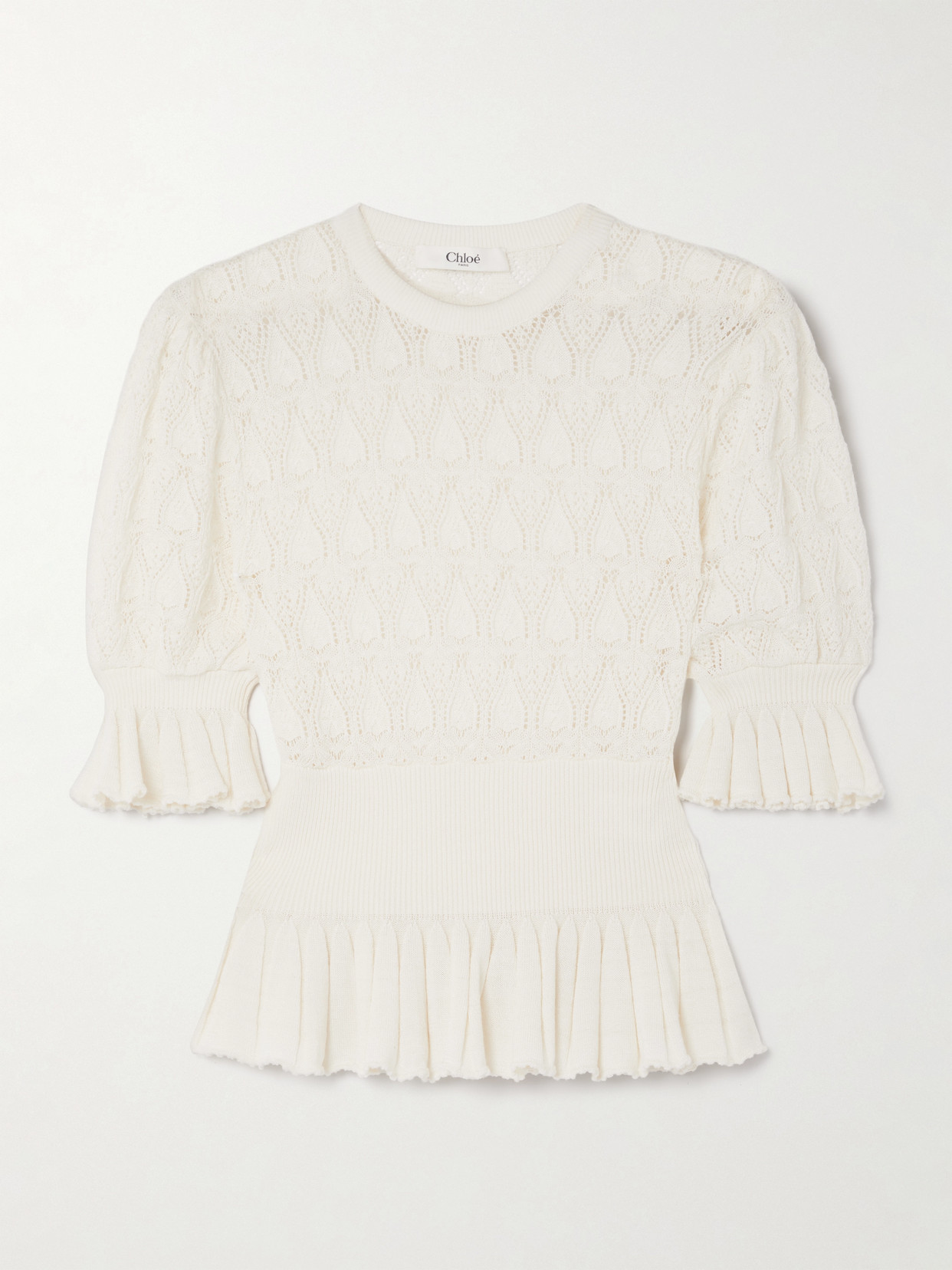 Chloé Pointelle-knit Wool-blend Peplum Sweater In Neutral