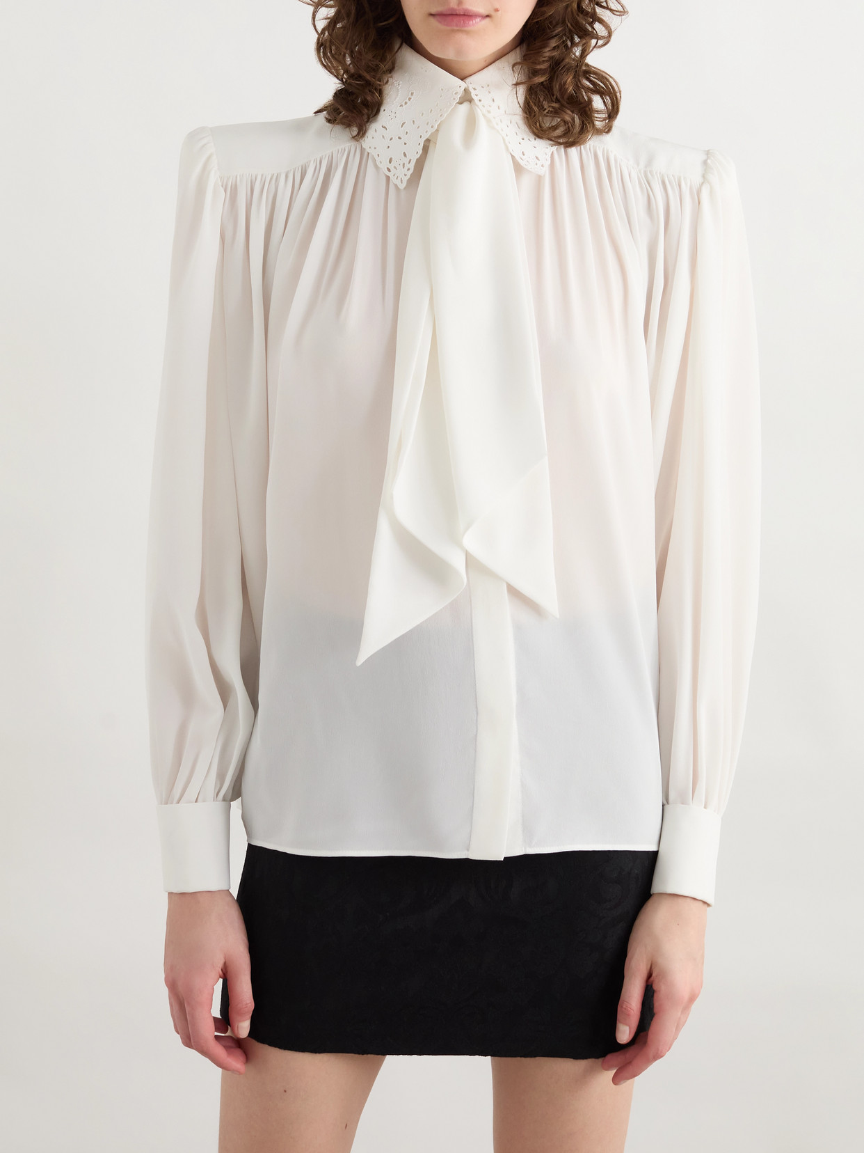 Chloé - Pussy-Bow Broderie Anglaise-Trimmed Gathered Organic Shirt