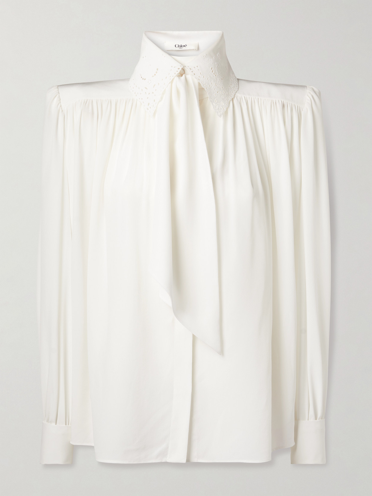 Chloé Pussy-bow Broderie Anglaise-trimmed Gathered Organic Silk Shirt In White
