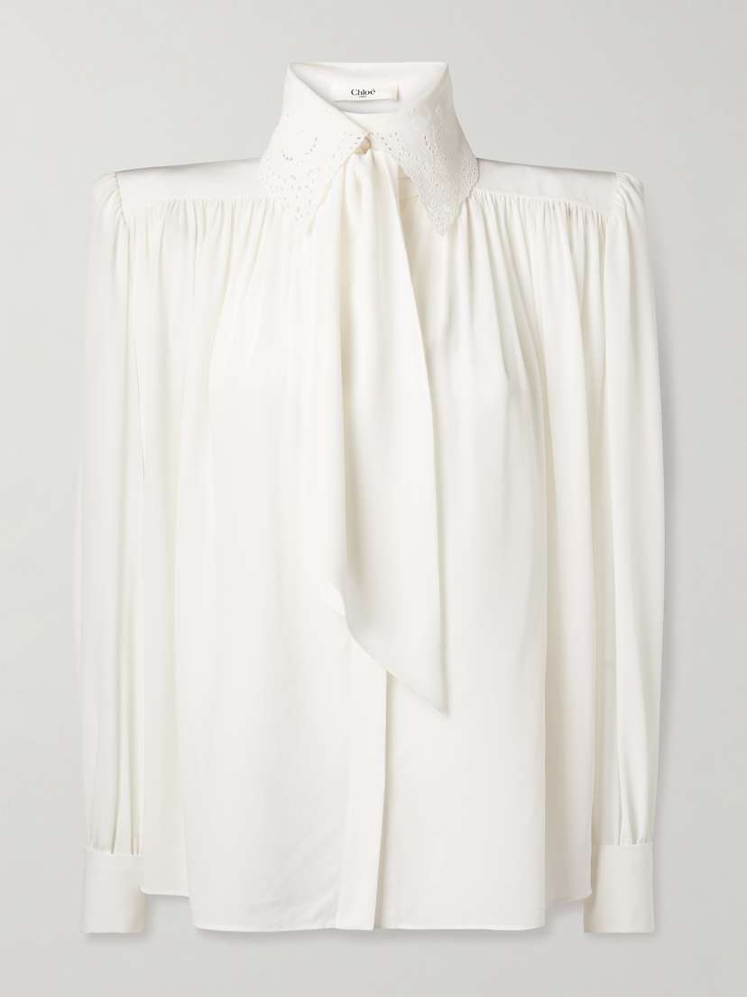 Chloé Pussy-bow Broderie Anglaise-trimmed Gathered Organic Silk Shirt