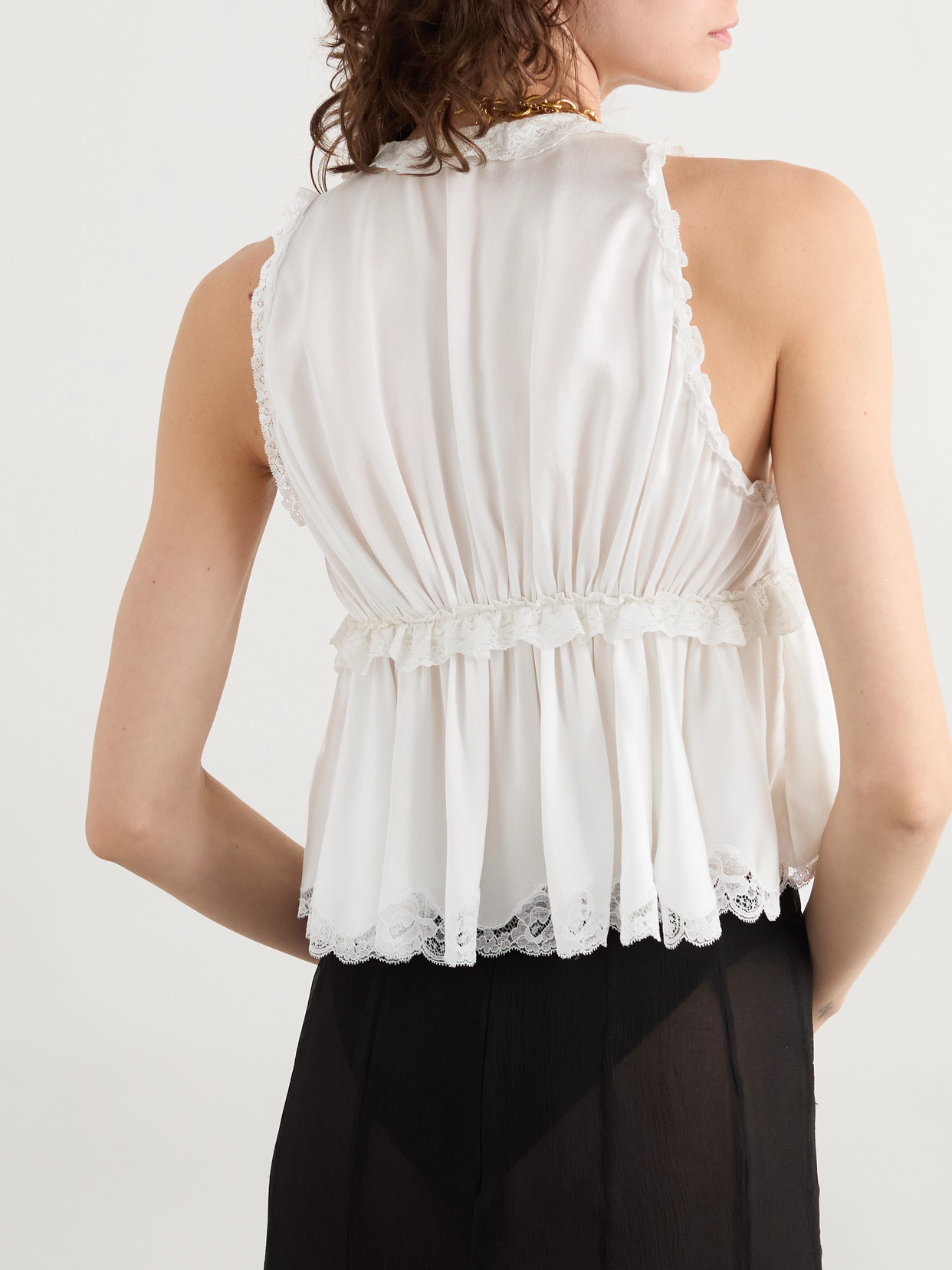 Chloé Lace-trimmed Silk-satin Peplum Blouse In White