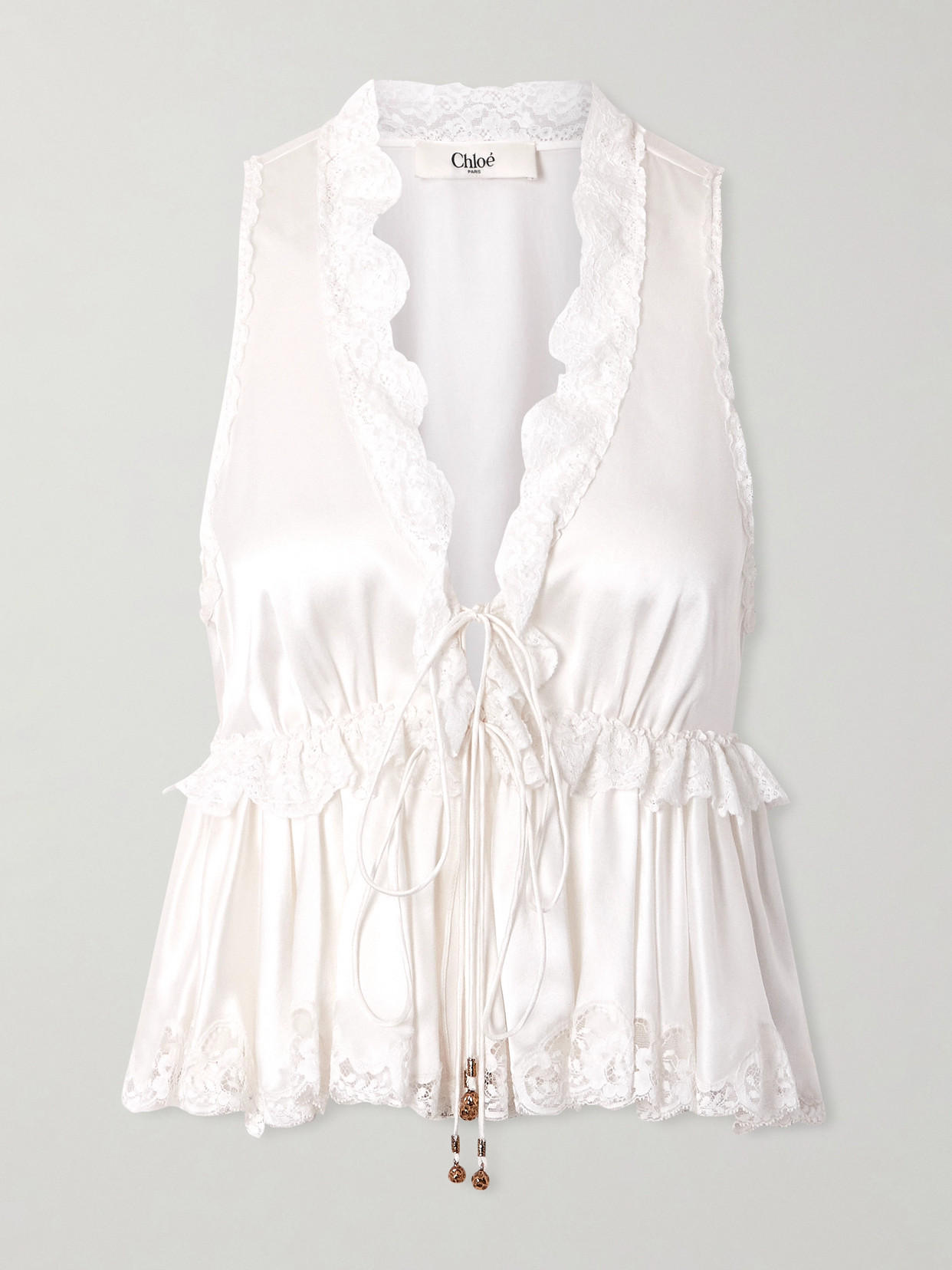 Chloé Lace-trimmed Silk-satin Peplum Blouse In White