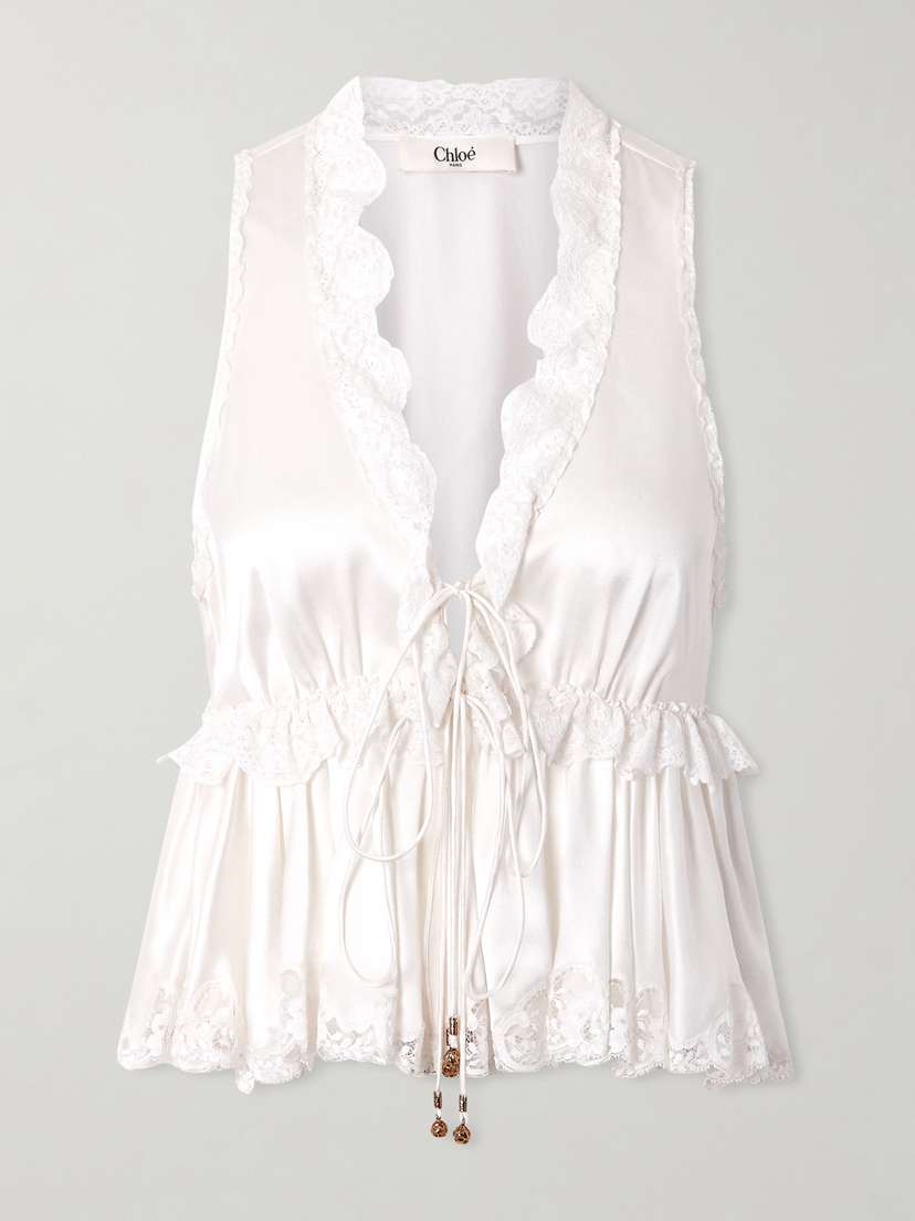 Chloé Lace-trimmed Silk-satin Peplum Blouse