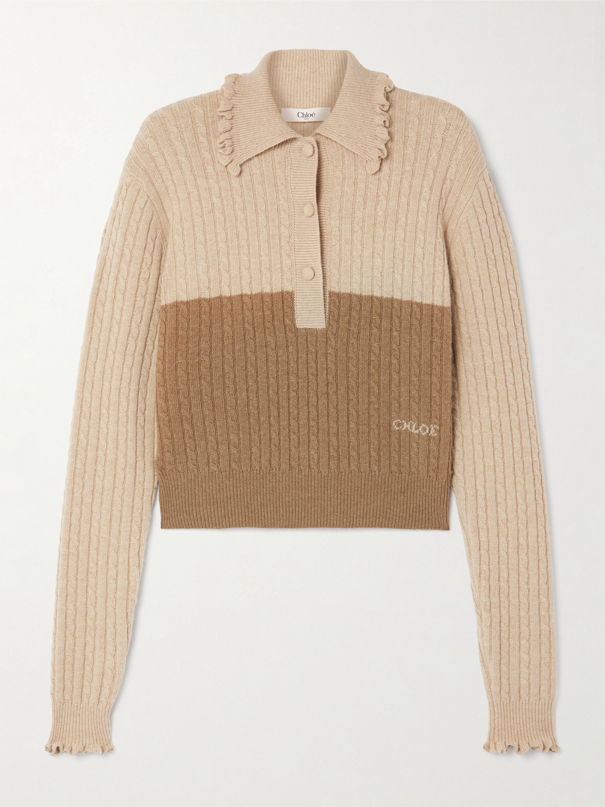 Chloé Ruffle-trimmed Cable-knit Wool Polo Jumper In Orange