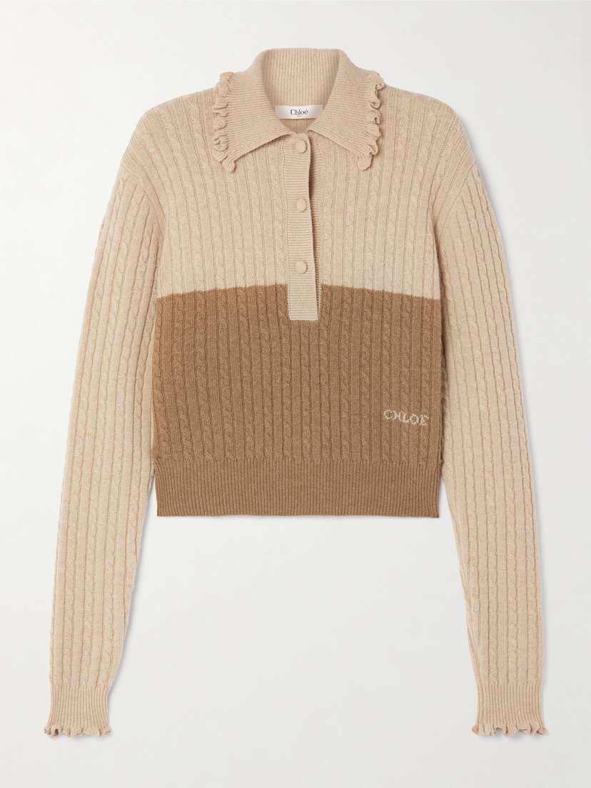 Chloé Ruffle-trimmed Cable-knit Wool Polo Sweater