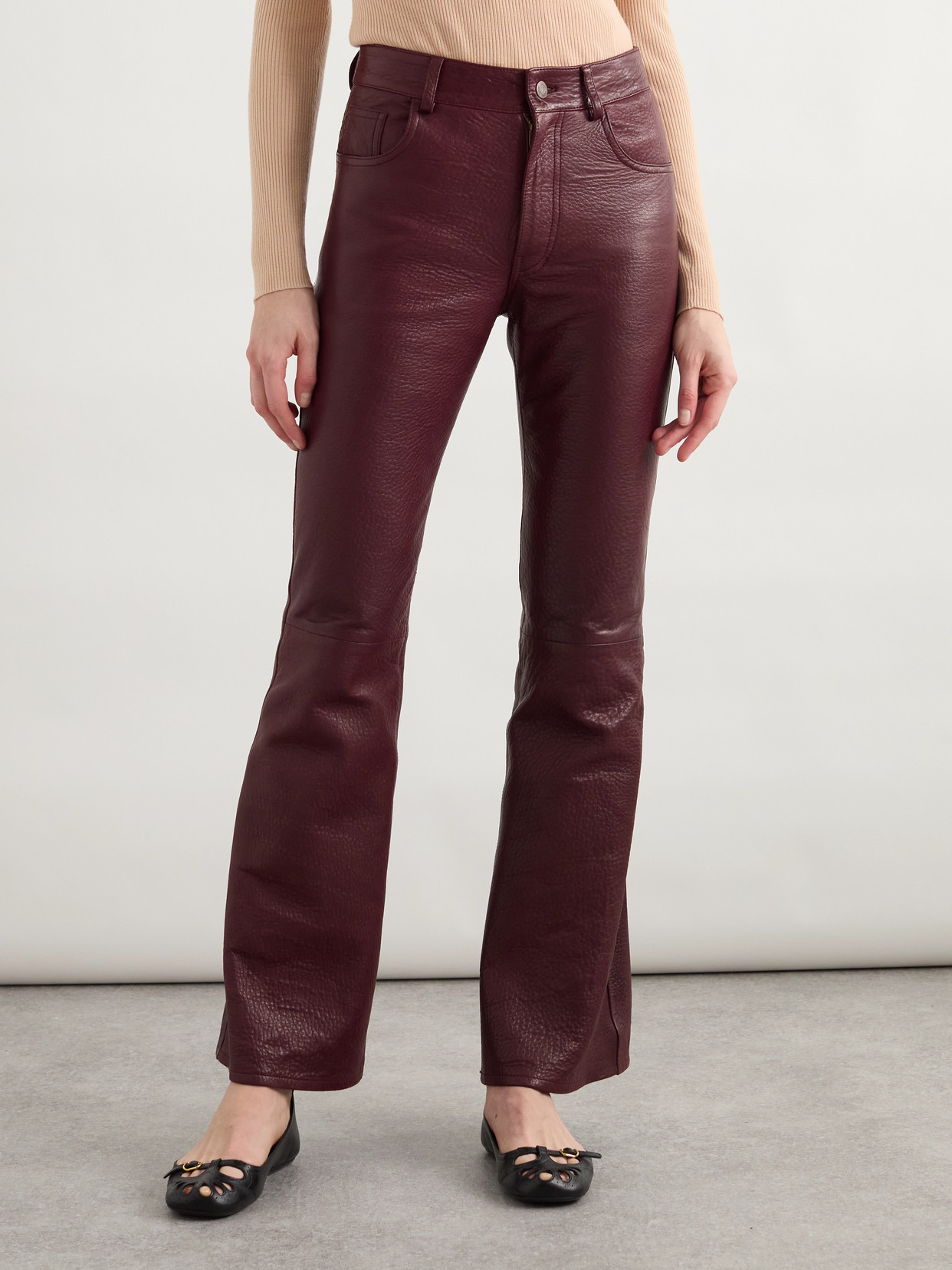 Chloé Flared Textured Lambskin Leather Trousers In Burgundy