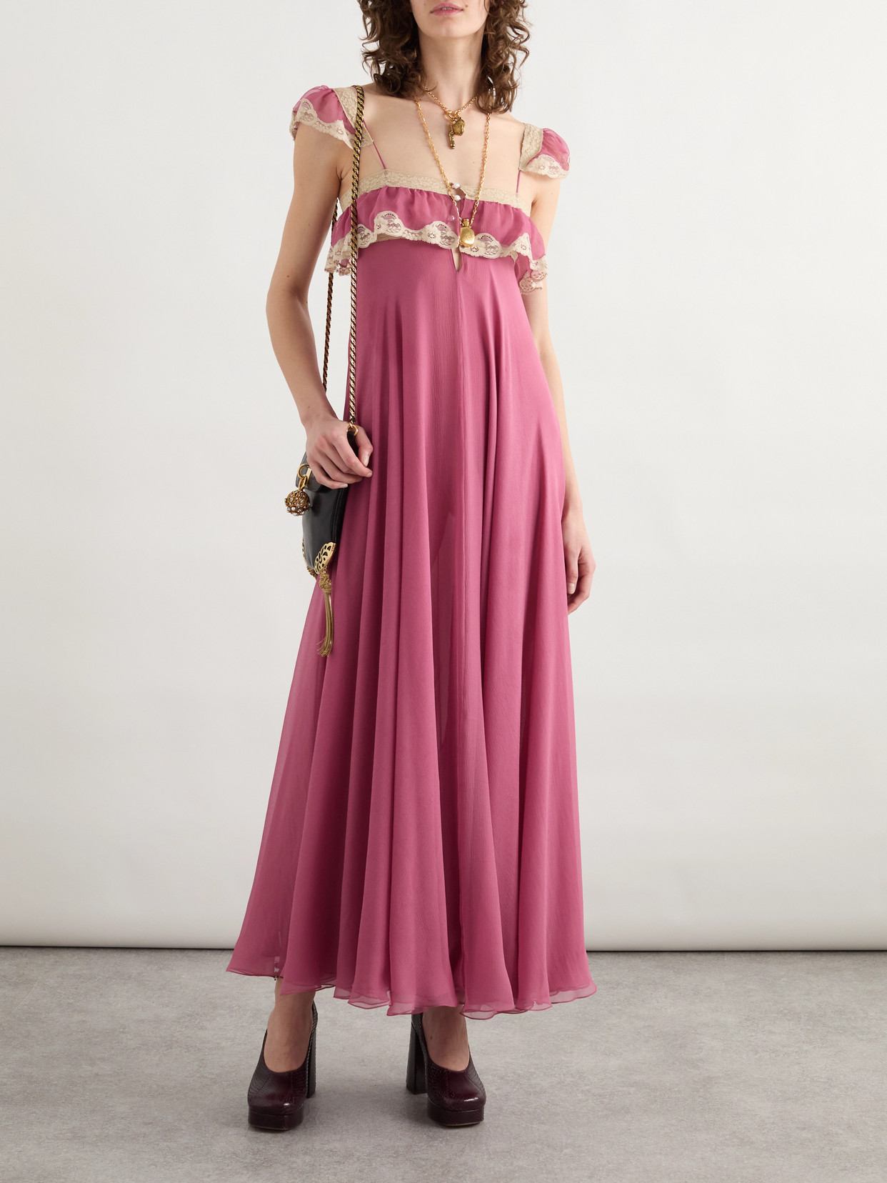 Chloé Lace-trimmed Organic Silk-crepon Maxi Dress In Pink