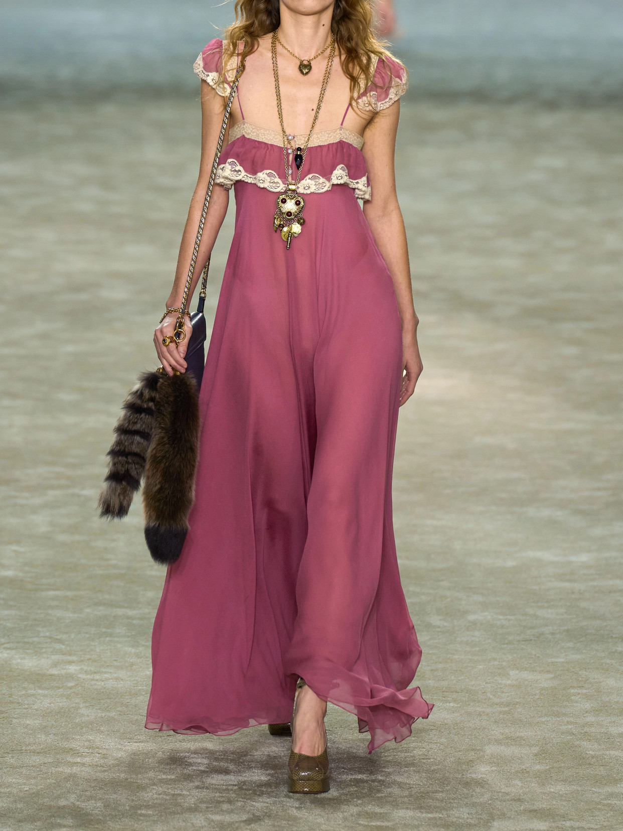 Chloé Lace-trimmed Organic Silk-crepon Maxi Dress In Pink