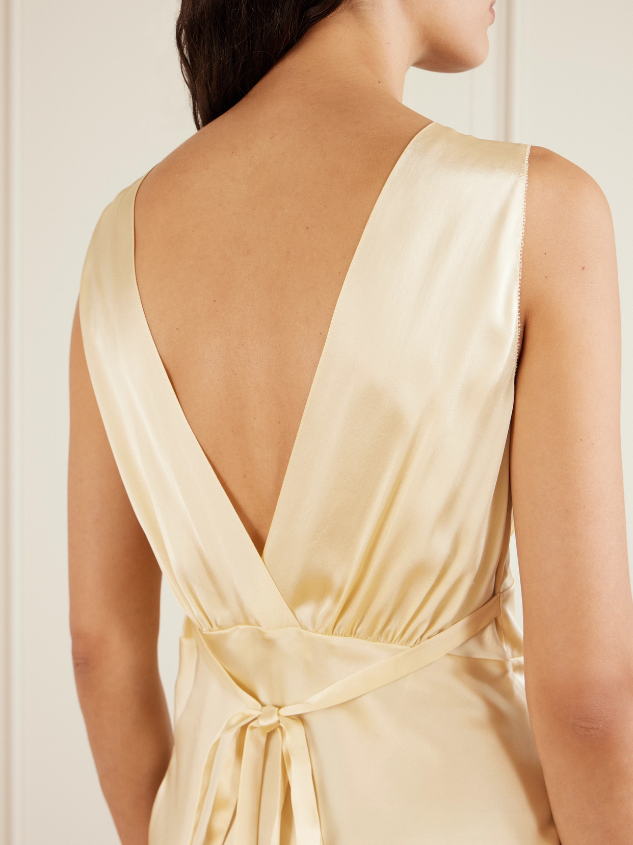 Chloé Gathered Tie-detailed Lace-trimmed Silk-satin Mini Dress In Neutral