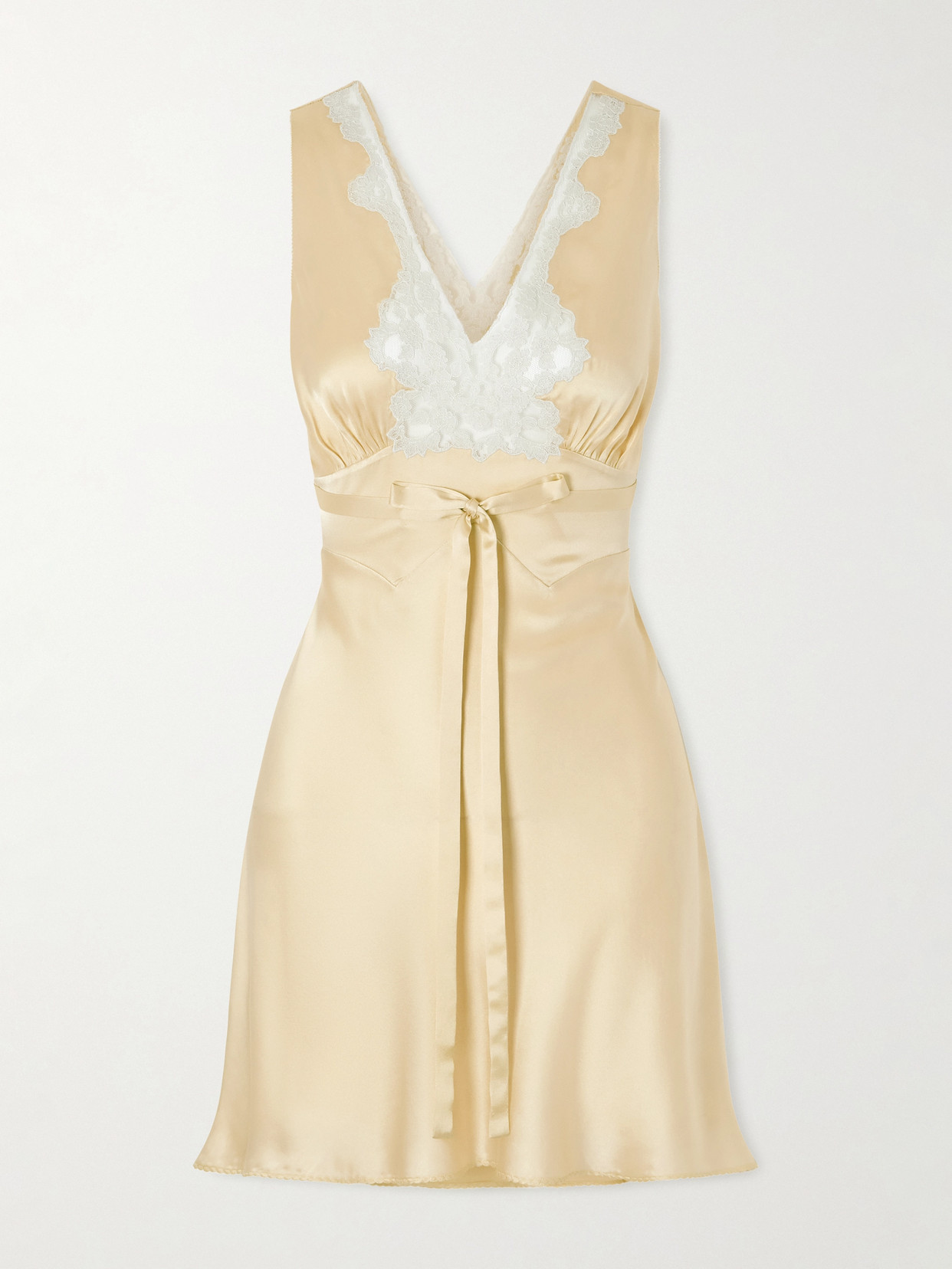 Chloé Gathered Tie-detailed Lace-trimmed Silk-satin Mini Dress In Neutral