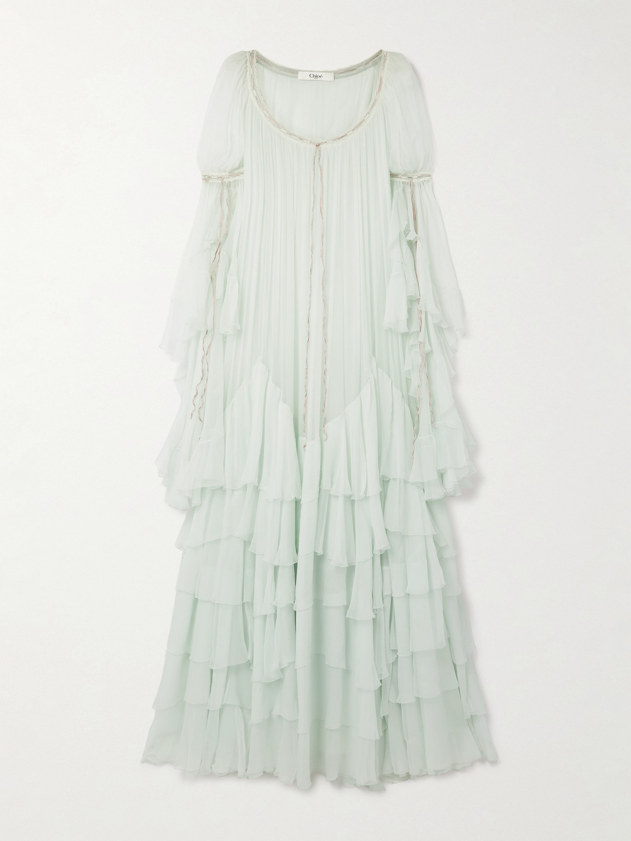 Chloé Tiered Lace-trimmed Organic Silk-mousseline Gown In Green