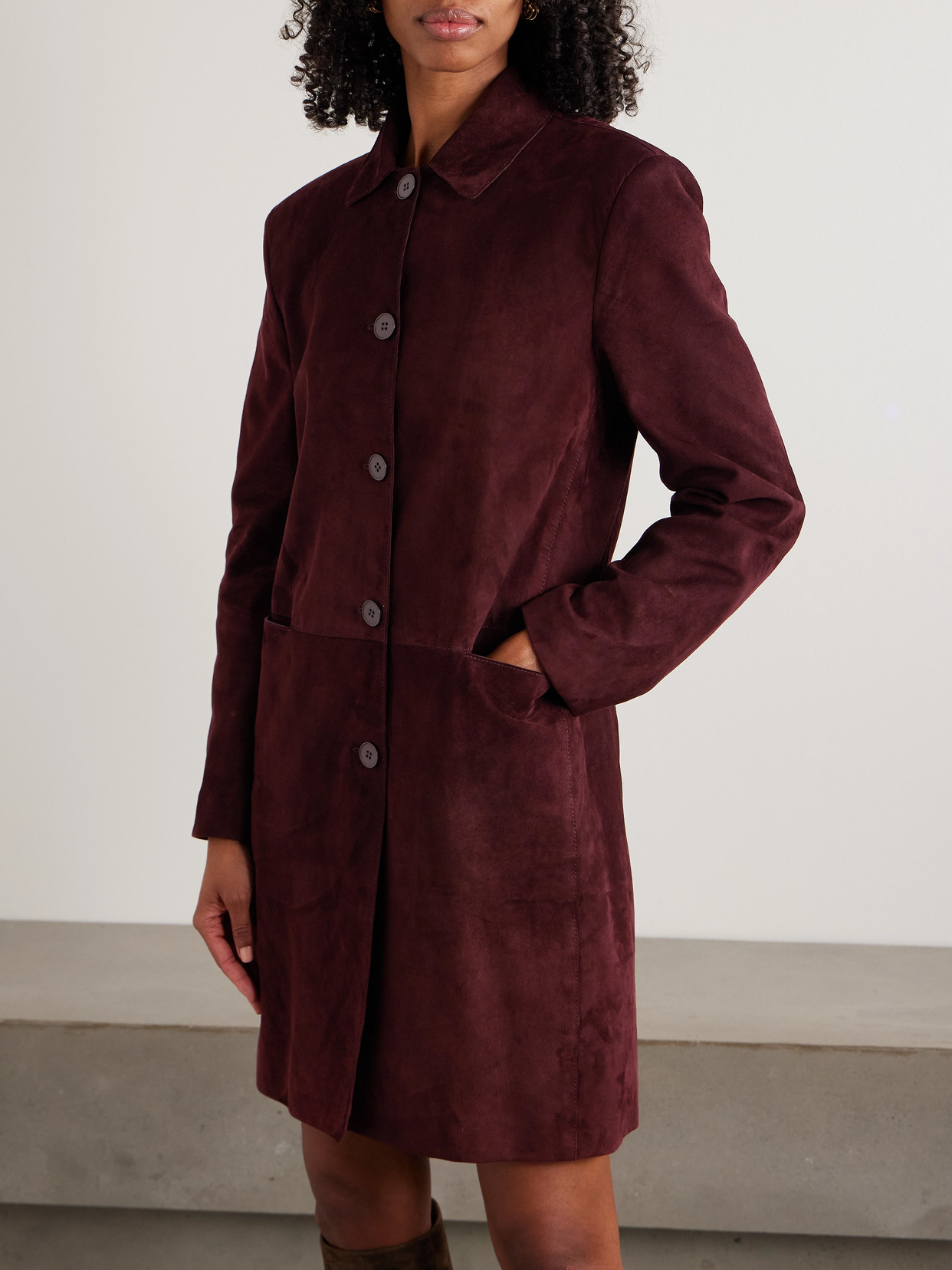 Nour Hammour Suede Coat In Burgundy