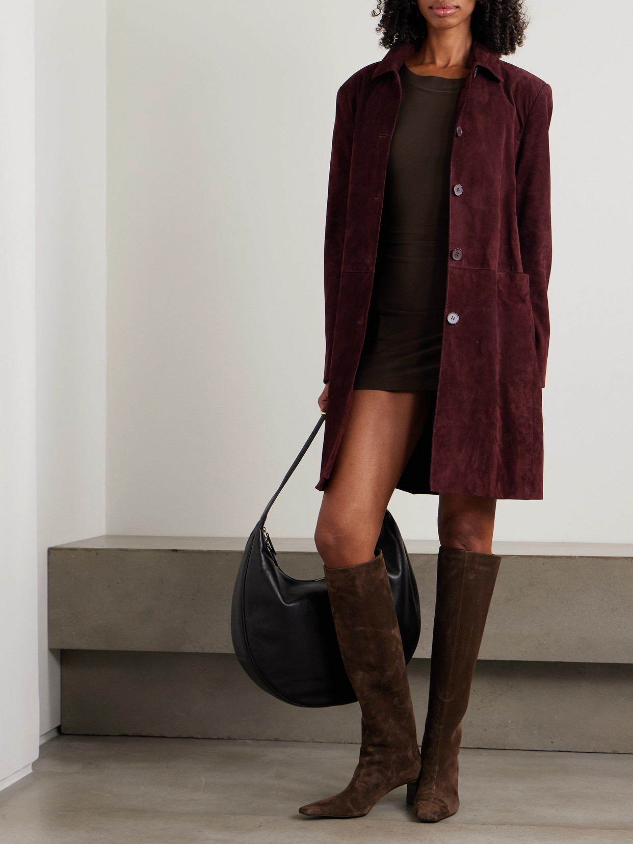 Nour Hammour Suede Coat In Burgundy