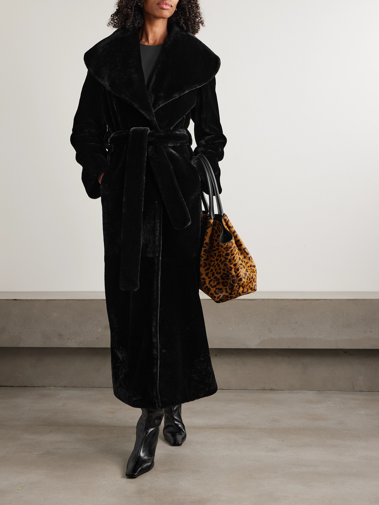 Nour Hammour Giovanna Belted Shearling Coat In Black